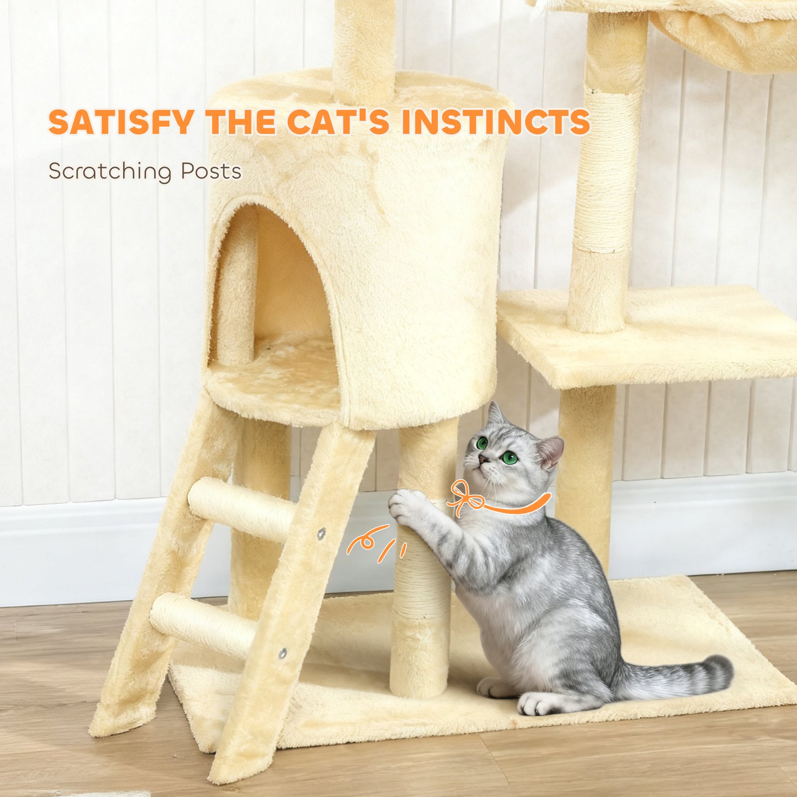 Multi-Level Cat Tower, 134cm Cat Tree with Condo and Sisal Scratching Posts for Indoor Kittens, Beige - Image 7
