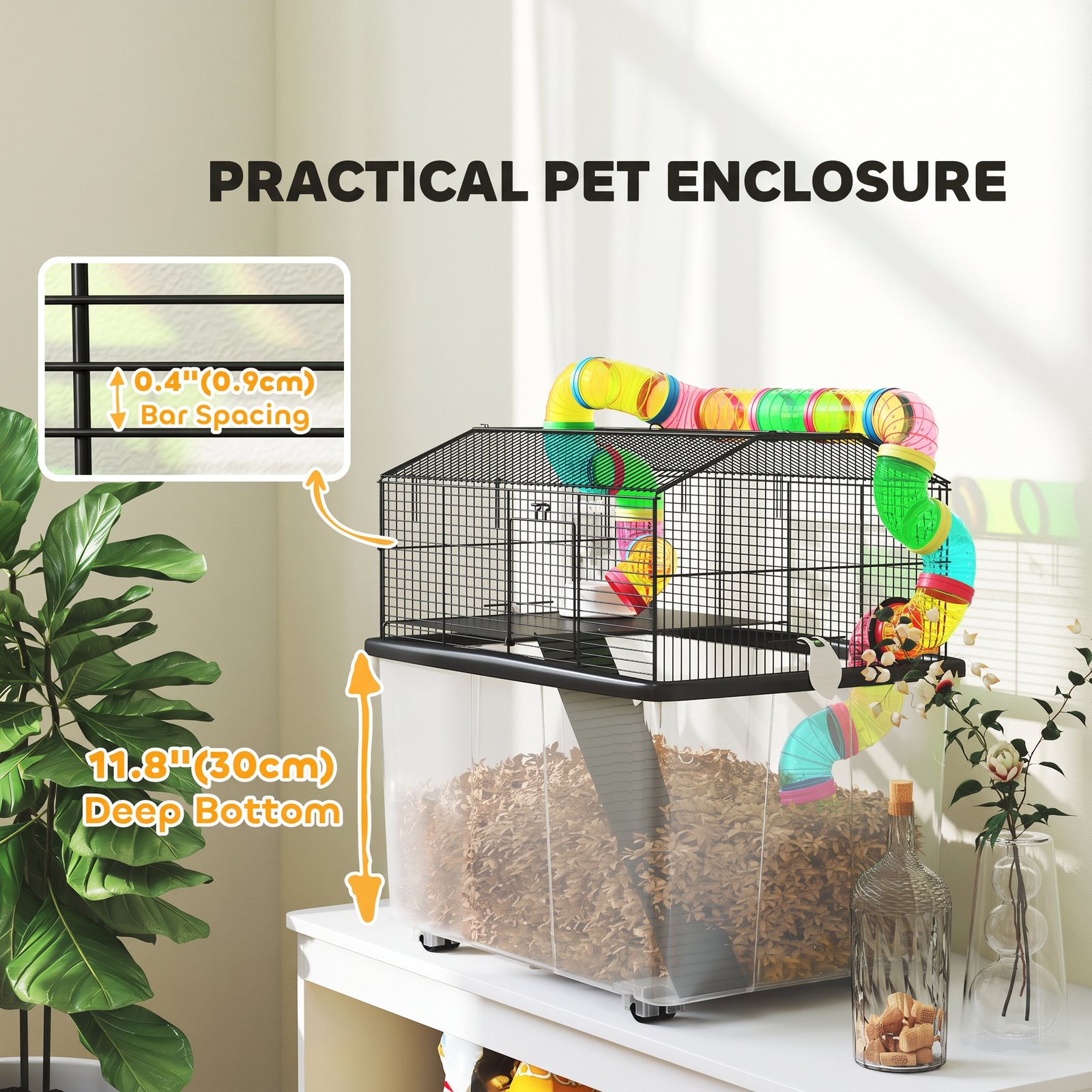 Two-Tier Hamster Cage with 31cm Deep Tray, Tube System, Water Bottle, Ramp, Feeding Bowl, Multicoloured