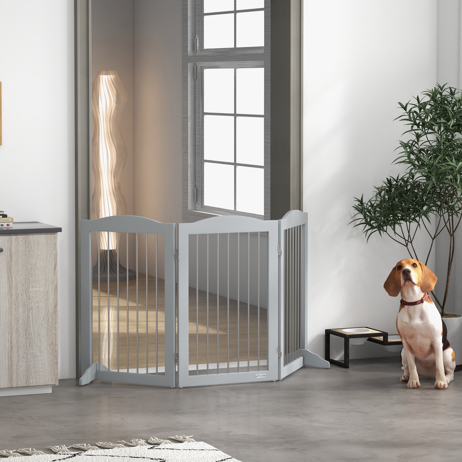 Foldable Dog Gate, Freestanding Pet Gate, with Two Support Feet, for Staircases, Hallways, Doorways - Grey - Image 7