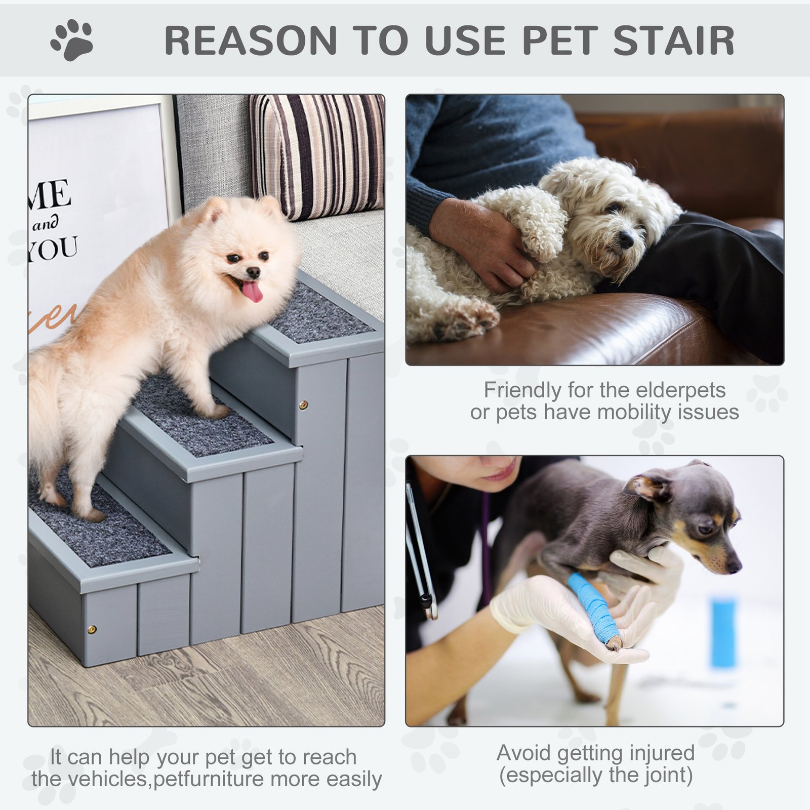 Dog Steps for Bed Sofa, 3 Step Wooden Dog Stairs for Sofa, Pet Stairs with Storage for Small Cats and Puppy, Grey - Image 4