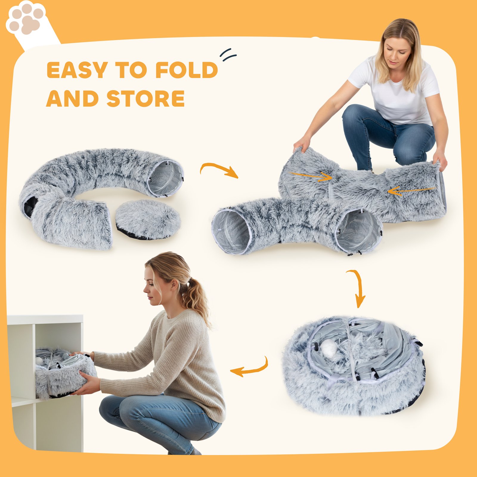 2-in-1 Donut Cat Tunnel with Washable Bed, Play Tunnel Bed with Toy Ball and Door Hole for Indoor Cats, Light Grey - Image 8