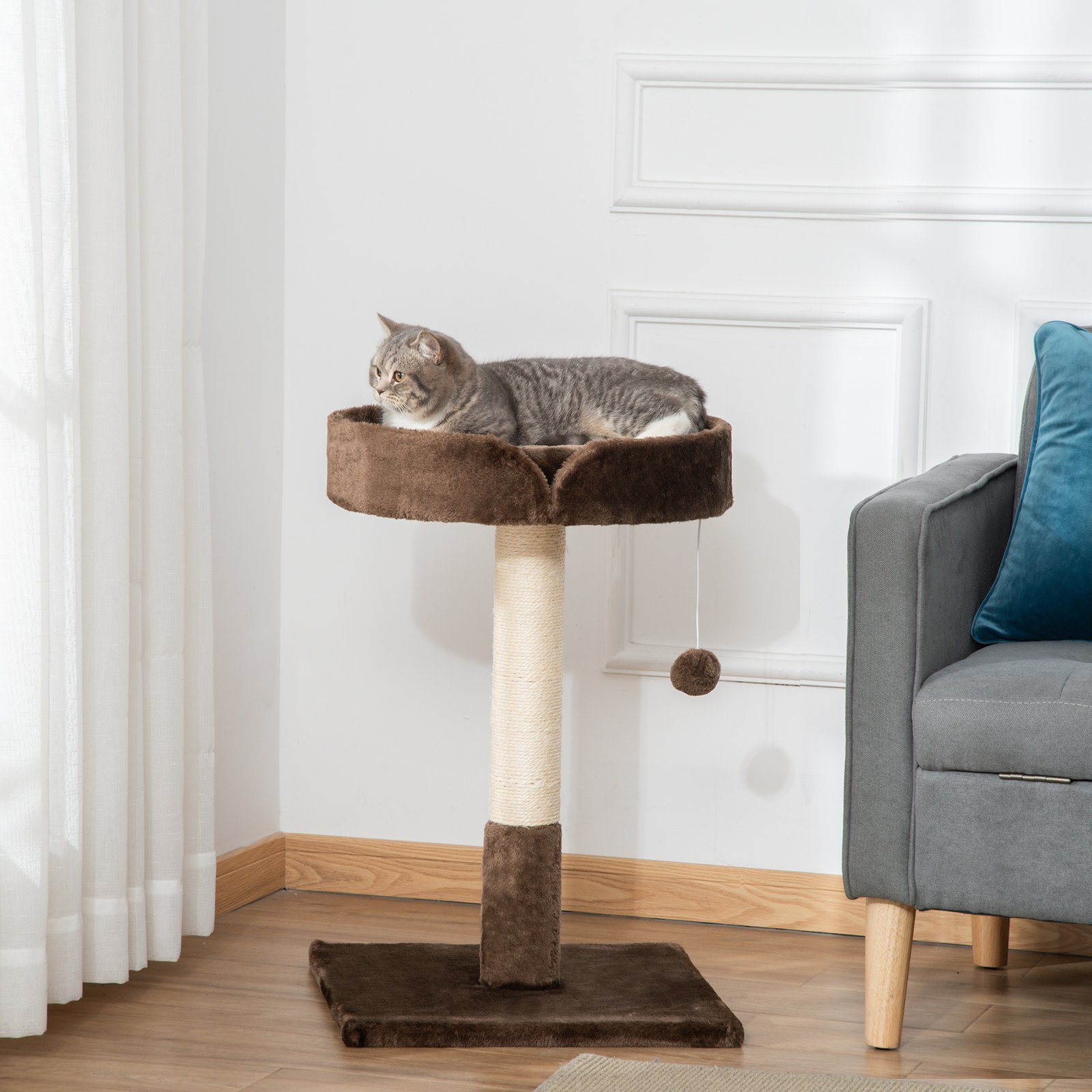 Small Cat Tree for Indoor Cats with Sisal Scratching Post Kitten Bed Cushion Ball Toy, Brown, 45x45x70 cm - Image 9