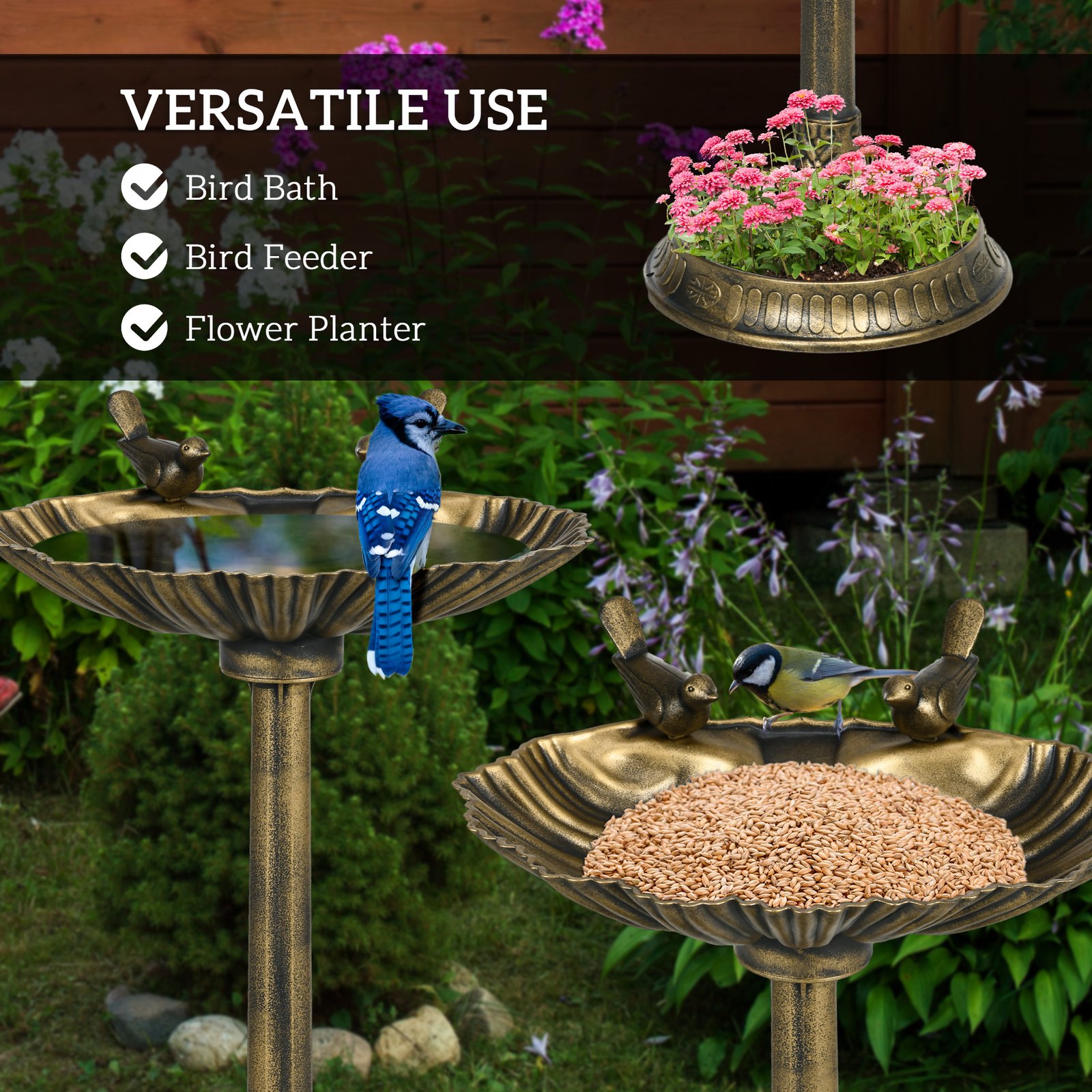 81cm Tall Bird Bath with 2 Decorative Birds, Vintage Style Birdbath with Flower Planter Base, Bird Bath Bowl for Garden, Bronze Tone