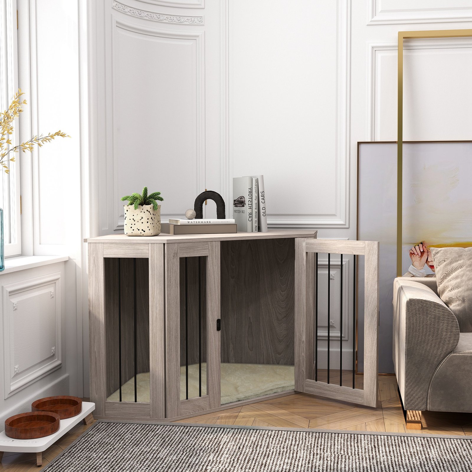Dog Crate Furniture Side Table, with Cushion, 122 x 61 x 71cm - Walnut Brown - Image 8