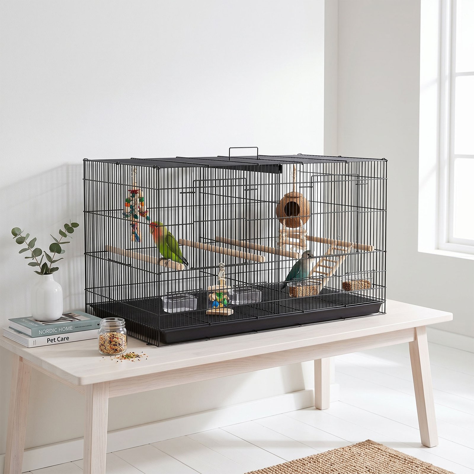 Bird Cage with Divider, 4 Wooden Perches, Slide Out Tray, 4 Feeders, for Budgie, Lovebird, Canary, 76 x 46 x 46cm, Black