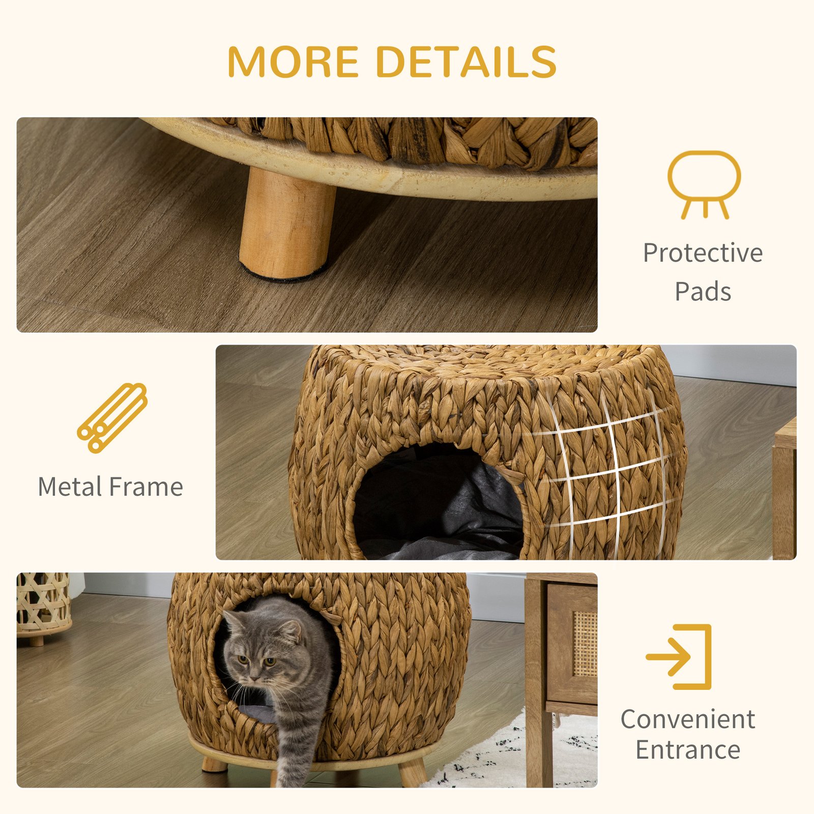 Wicker Cat Bed Cat House Stool with Washable Cushion, 44 x 43 x 41cm - Image 7