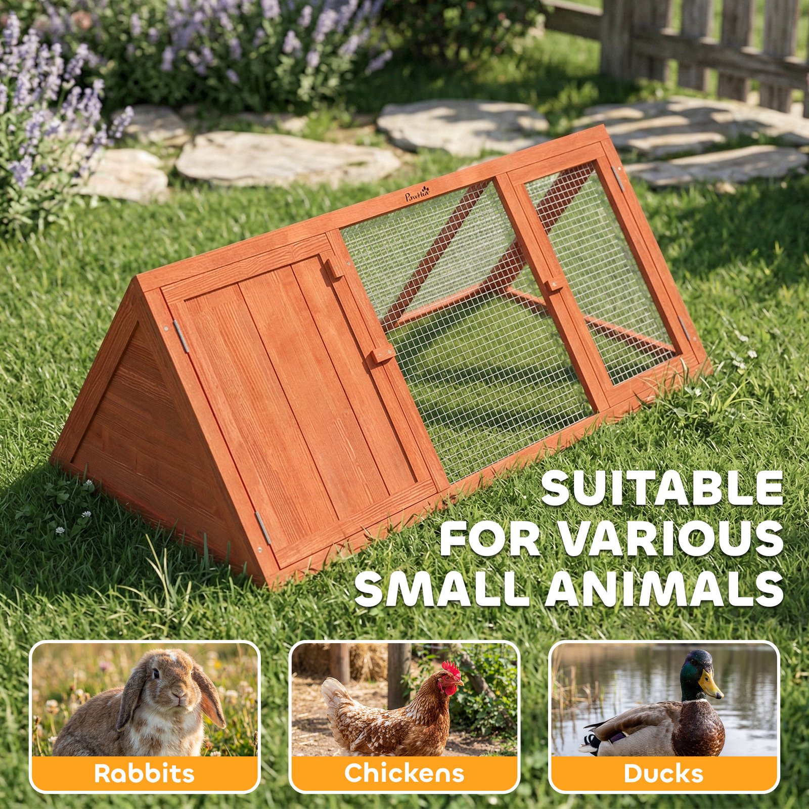 Rabbit Hutch, Wooden Guinea Pig Hutch with Run and Doors, Outdoor Triangle Bunny House for Rabbits,Duck and Chicken - Image 7