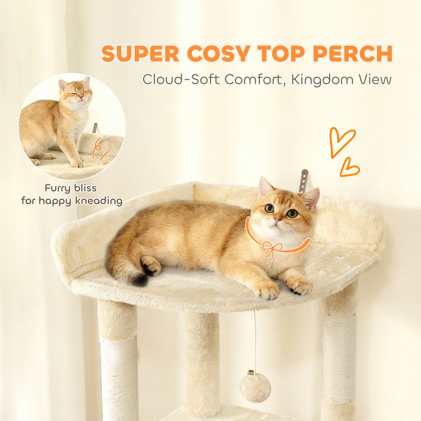 170 cm Large Cat Tree, Cat Tower with 7 Scratching Posts, Tunnel, 2 Condos, Hammock, Perch, Ramp, Pompoms, Beige - Image 5