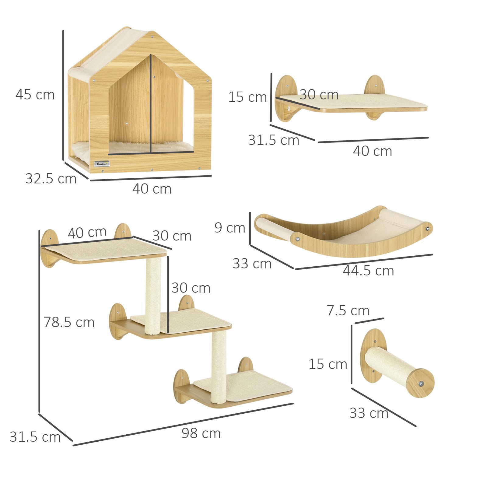 8 Piece Cat Shelves Set, with Cat House, Three Perches, Three Scratching Posts - Image 3