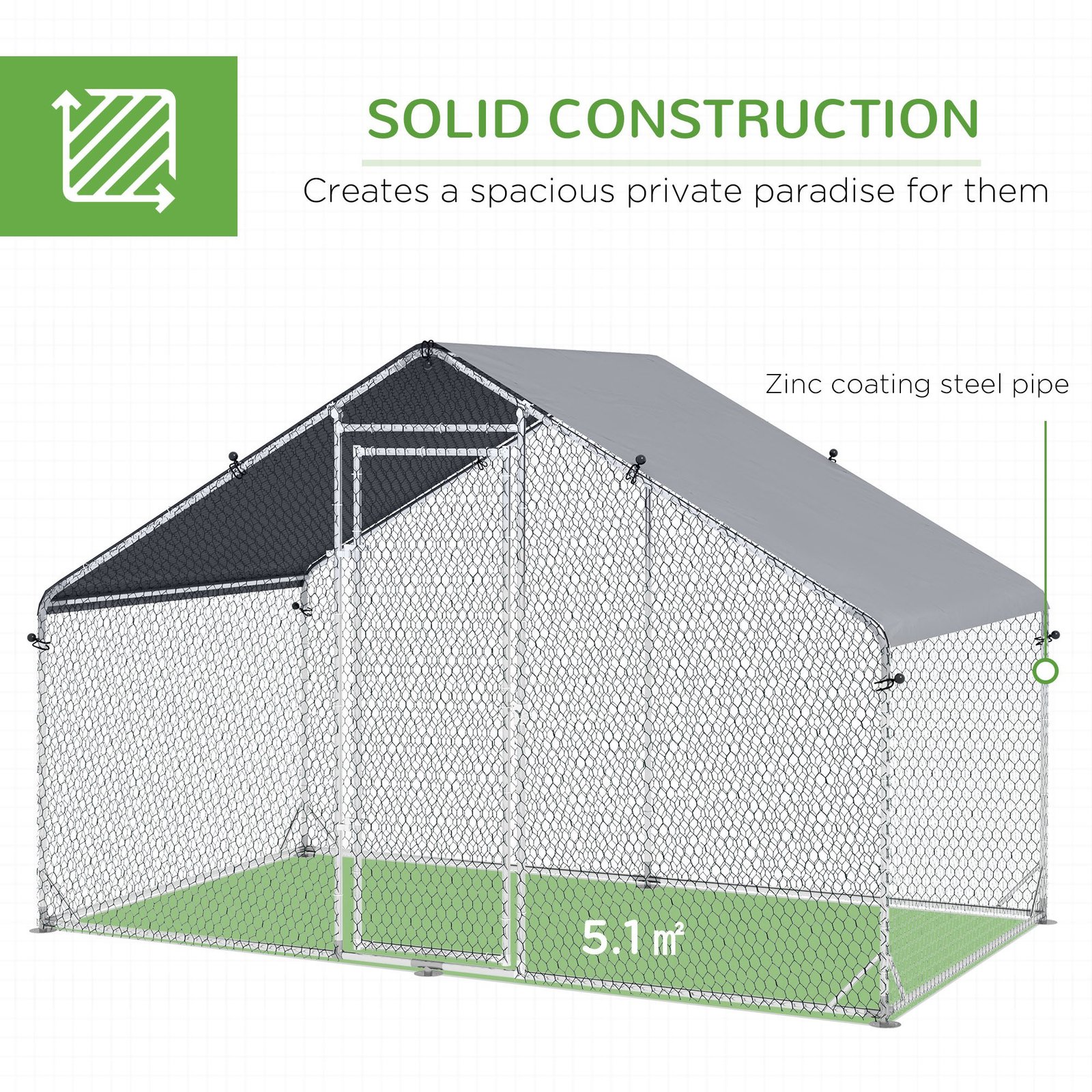 Large Chicken Coop, Galvanised Walk In Chicken Coop Hen House w/ Water-Resist Cover, Grey - Image 5