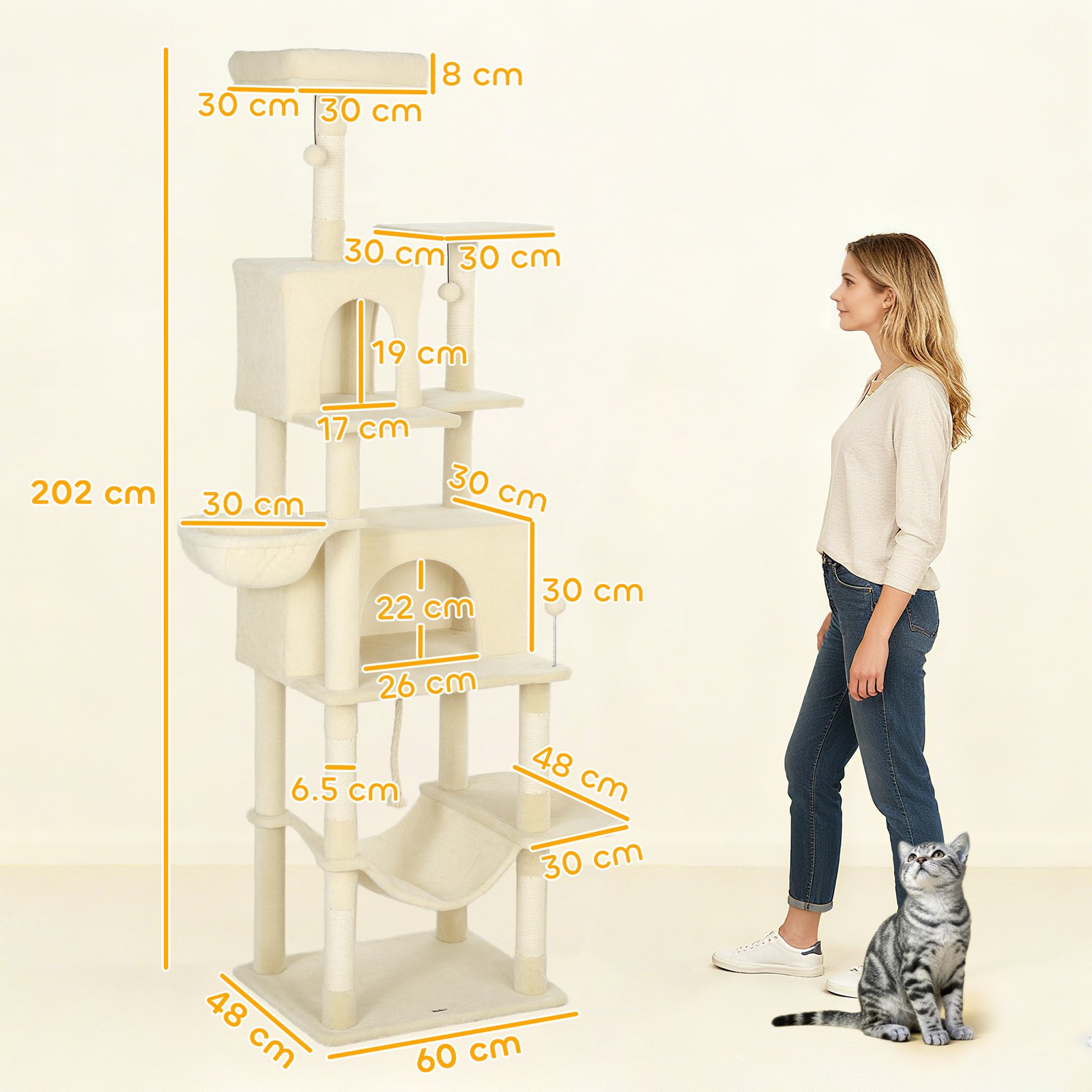 202cm Cat Tree with 6 Scratching Posts, 2 Hammocks, 2 Condos, 2 Perches, Pompoms, for Cats to Rest and Play, Beige - Image 3