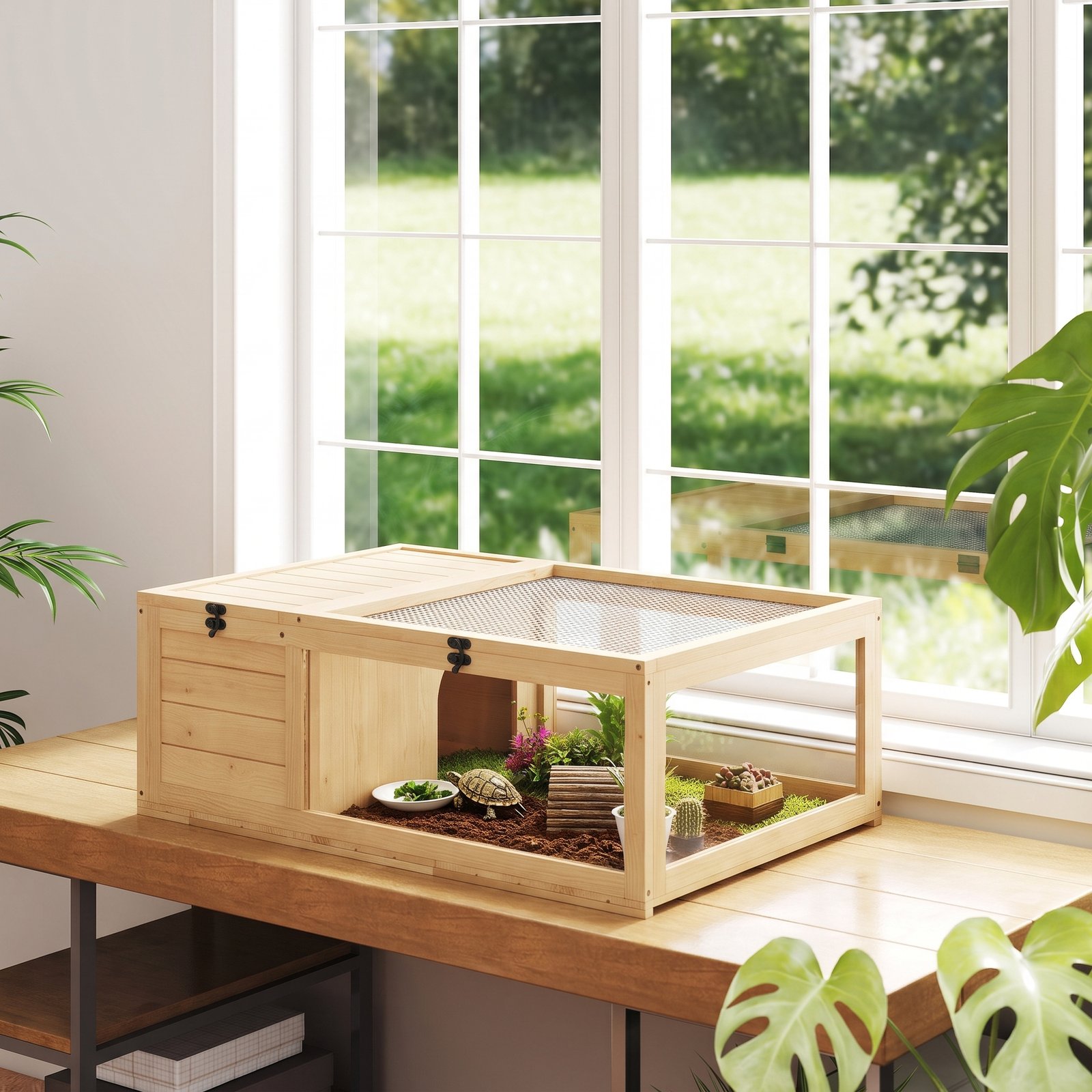 Tortoise House, Small Reptile Wooden House, with Mesh Roofs, Side Panels, for Turtles