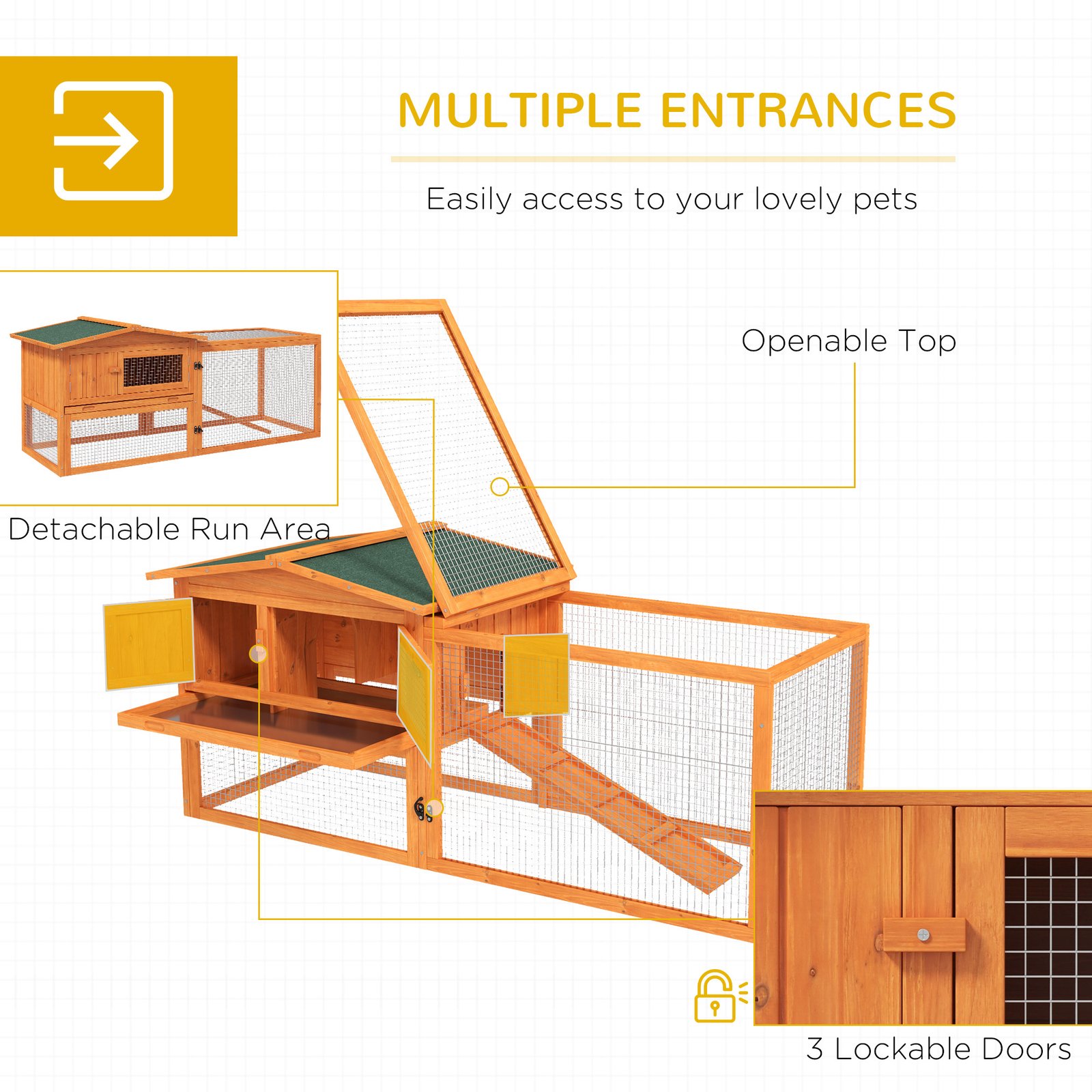 Rabbit Hutch with Run Wooden Guinea Pig Hutch Outdoor Bunny Cage Hide House with Sliding Tray, Hay Rack, Ramp, 156 x 58 x 68cm, Orange - Image 4