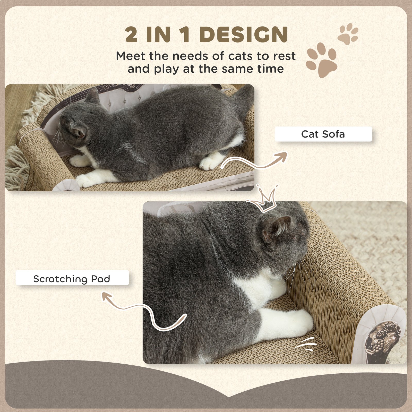 2-in-1 Cat Scratcher with Catnip for Indoor Cats, 29.5 x 56 x 26cm, Brown