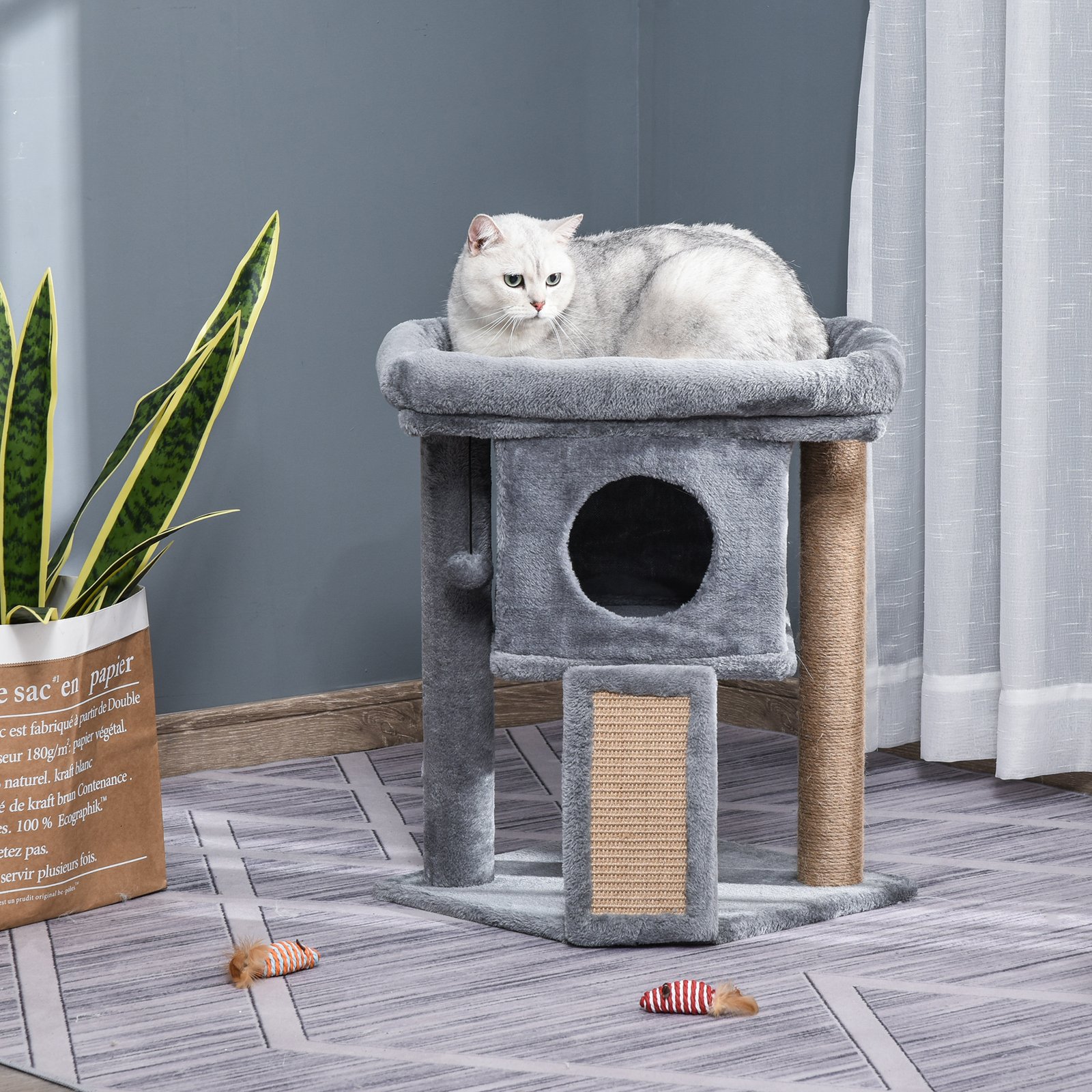 Cat Tree Tower for Indoor Cats Cat Scratching Post Climbing Activity Centre w/Jute Scratching Pad, Toy Ball, Cat House - Grey - Image 9