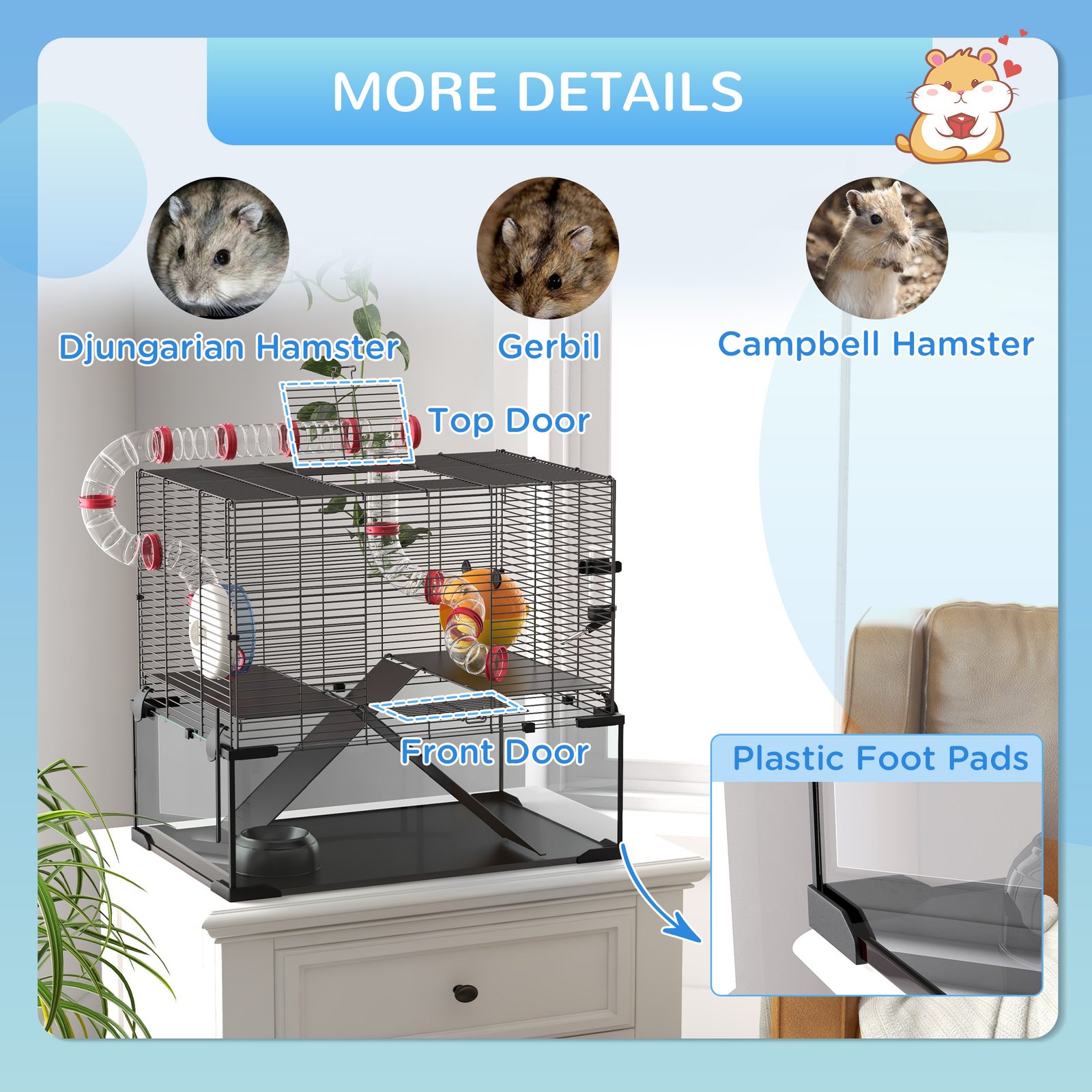 Gerbil Cage Dwarf Hamster Cage, with Deep Glass Bottom, Tunnels, Hut, Exercise Wheel, 60 x 40 x 57cm - Image 8