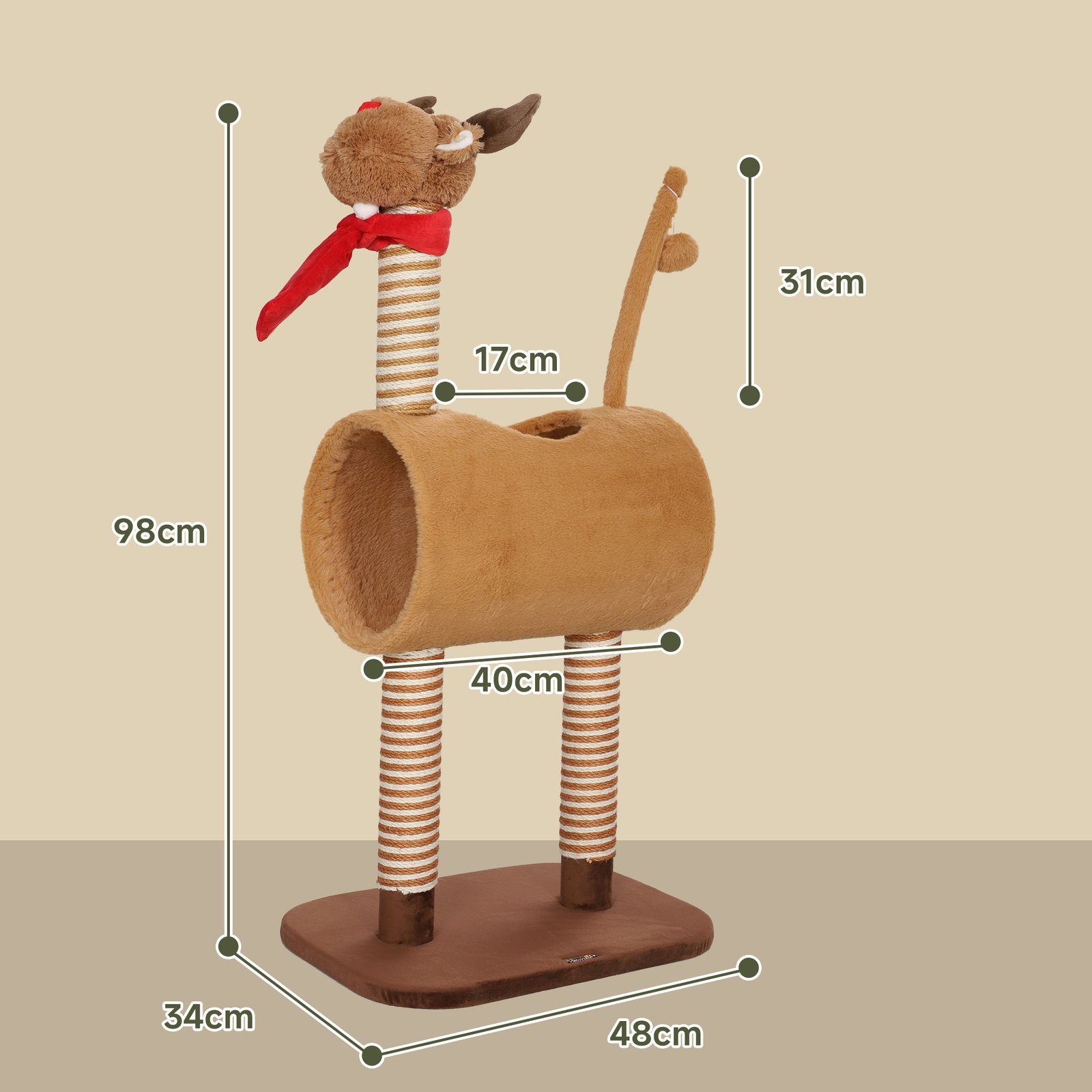 98cm Deer-Designed Cat Tree with Scratching Posts, Toy Ball, Tunnel, Brown - Image 3