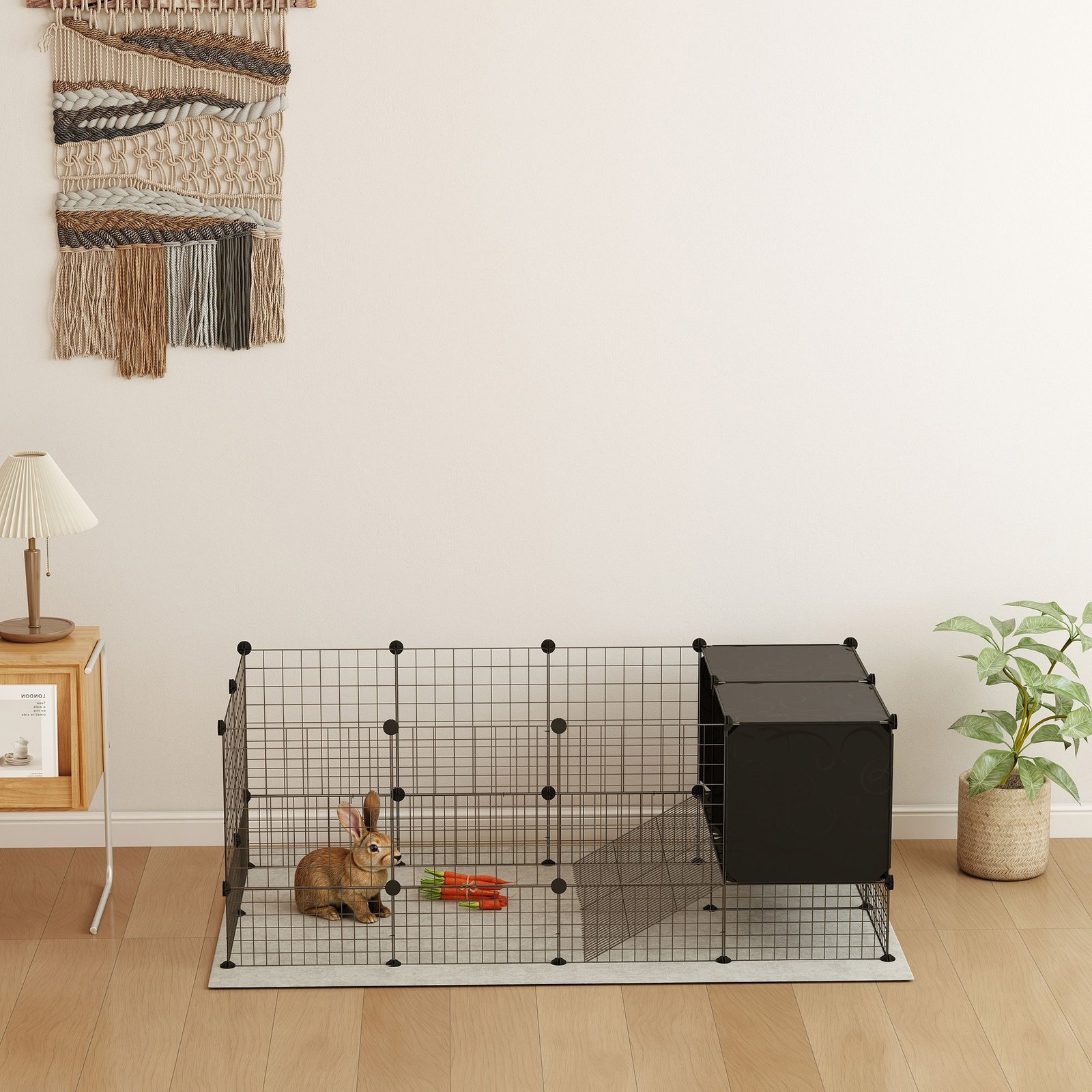 DIY Small Animal Cage with Elevated Huts, C&C Cage for Guinea Pigs, Hedgehogs, Rabbits, 31 Panels, Black