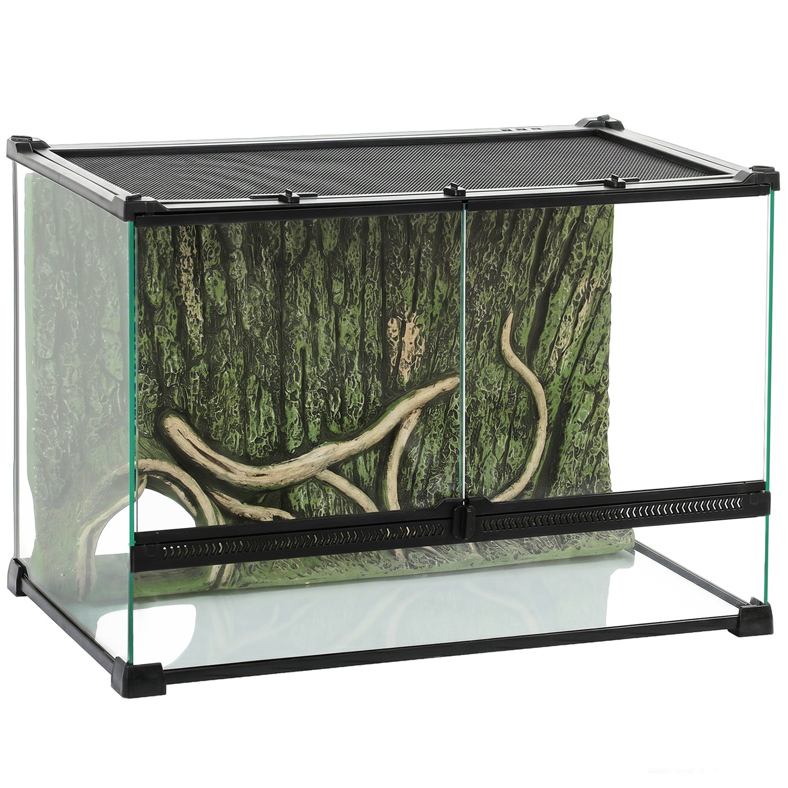 Reptile Glass Terrarium with Stone Background, Front Ventilation, Escape-Proof Knob Lock, 50 x 30 x 35 cm, Black