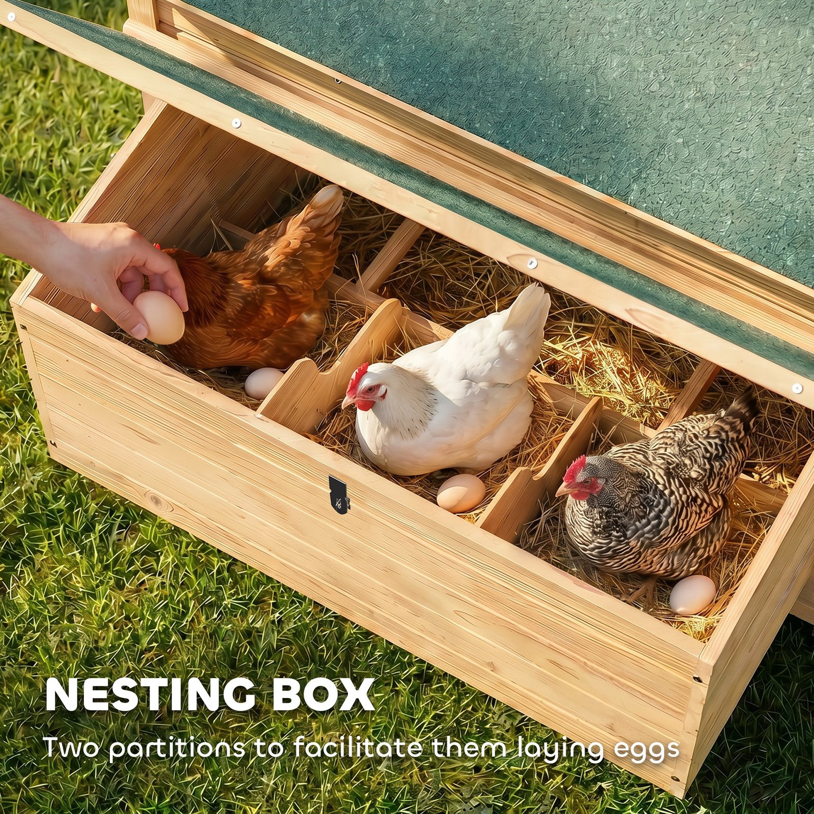 Chicken Coop, Wooden Outdoor Hen House with Nesting Box, Openable Waterproof Top, Pull-Out Tray, 150 x 100 x 97cm