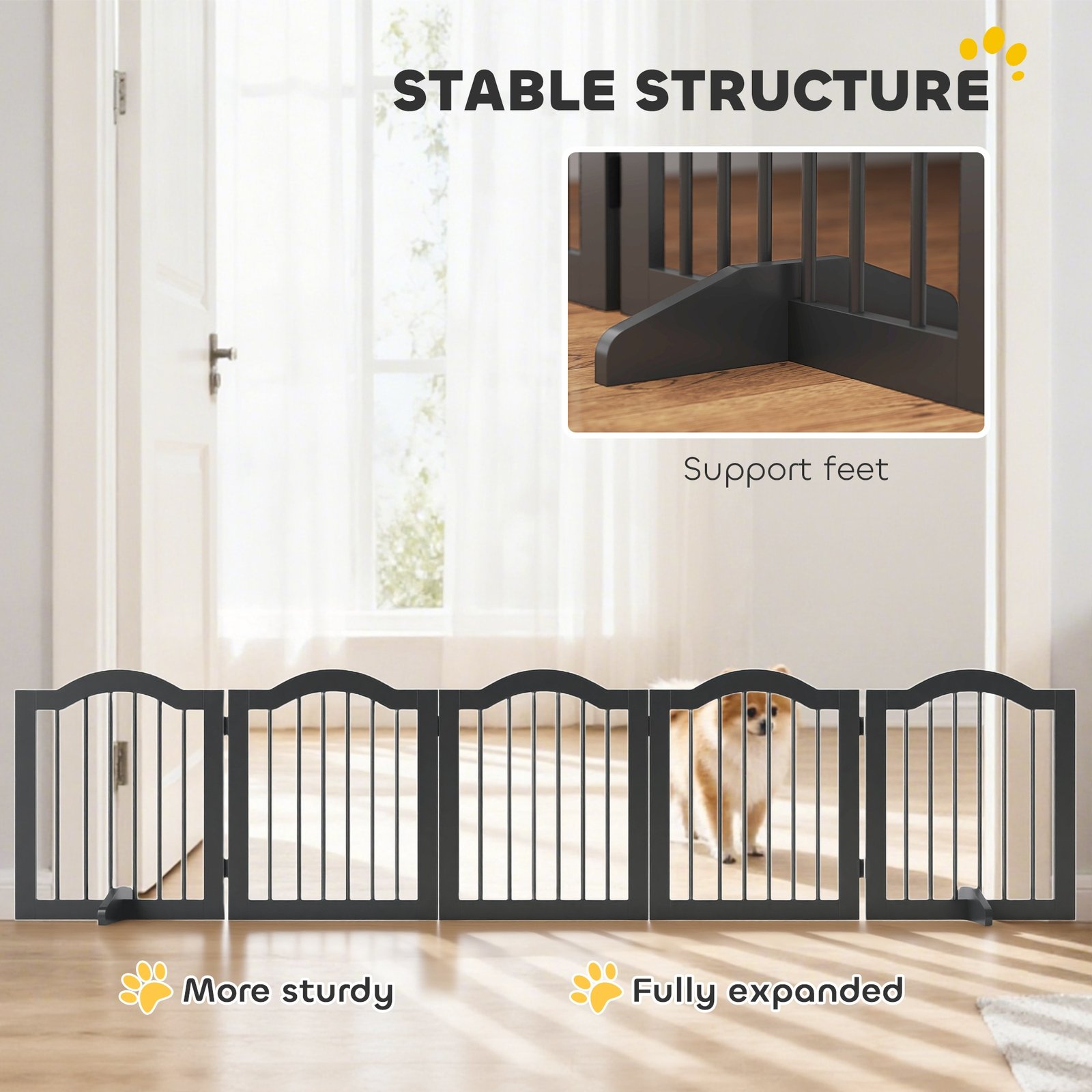 Freestanding Dog Gate Wooden Stair Gate for Dogs with Support Feet Foldable Pet Fence Safety Barrier for the House Doorway Stairs Black