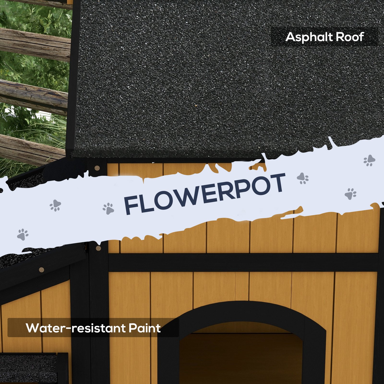 Wooden Cat House with Flower Pot, Windows, Multiple Entrances, Water-Resistant Roof for Outdoor - Yellow - Image 6