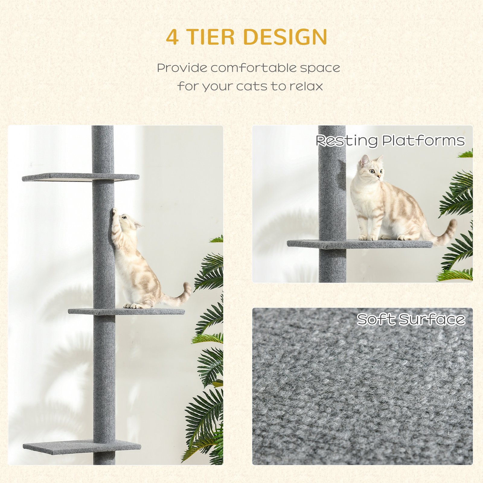 260cm Floor To Ceiling Cat Tree for Indoor Cats w/ Three Platforms Activity Centre - Grey - Image 6