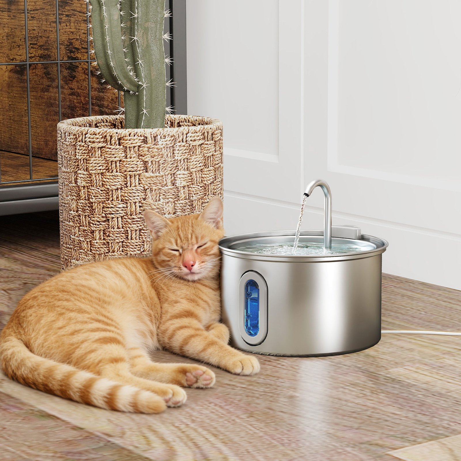 2.5L Stainless Steel Cat Water Fountain for Drinking with Ultra-Silent Pump, Water-Level Window, 7 Filters