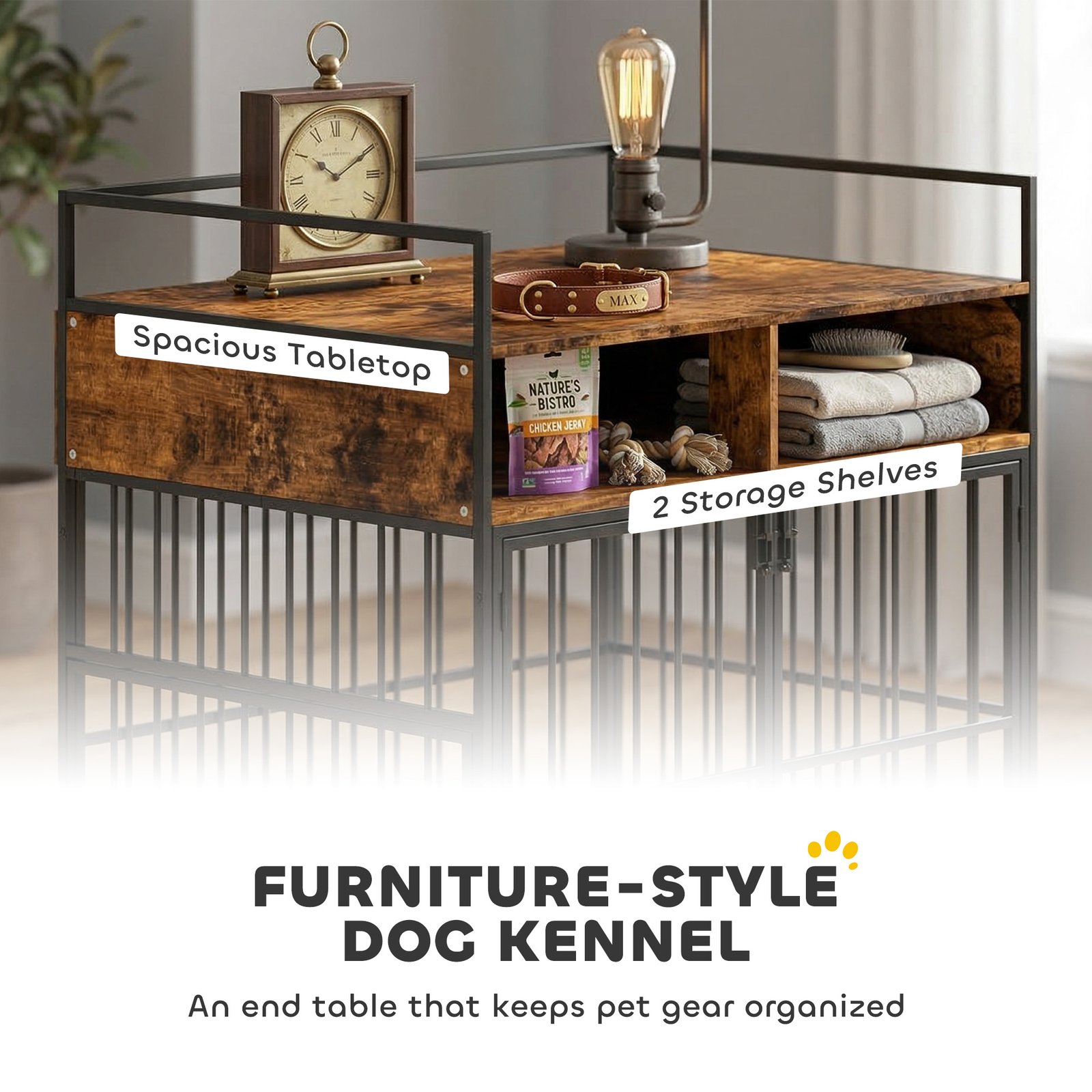 Dog Crate Furniture, Dog Cage with Rotatable Feeding Station and Storage Shelves, End Side Table Indoor Pet Kenne - Image 4