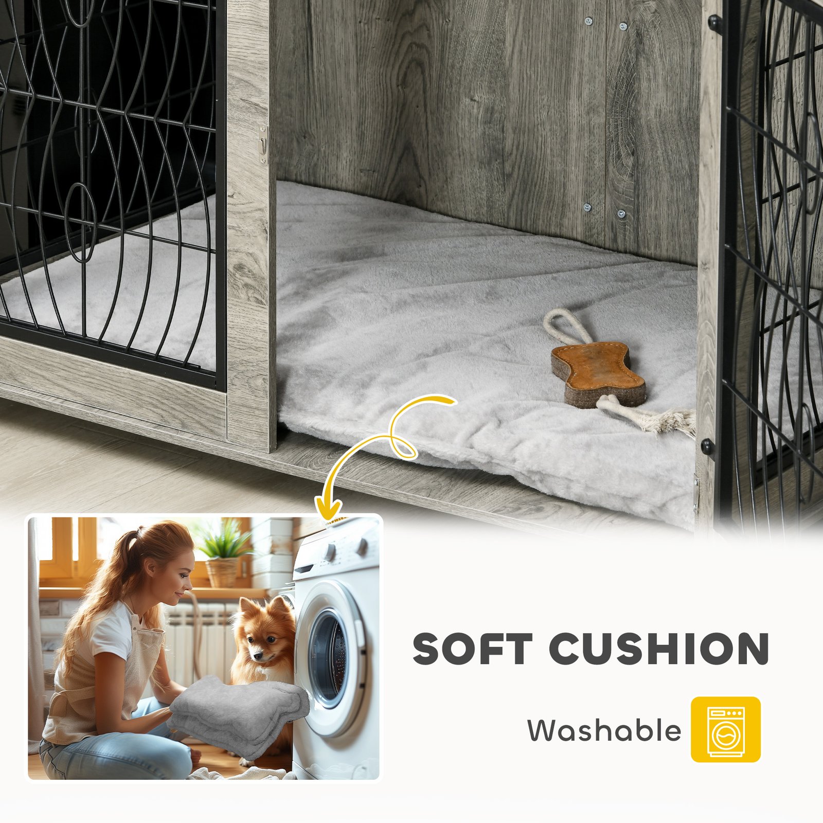 Indoor Dog Crate Furniture End Table with Soft Washable Cushion, Lockable Front Door, for Medium Dogs - Black - Image 6