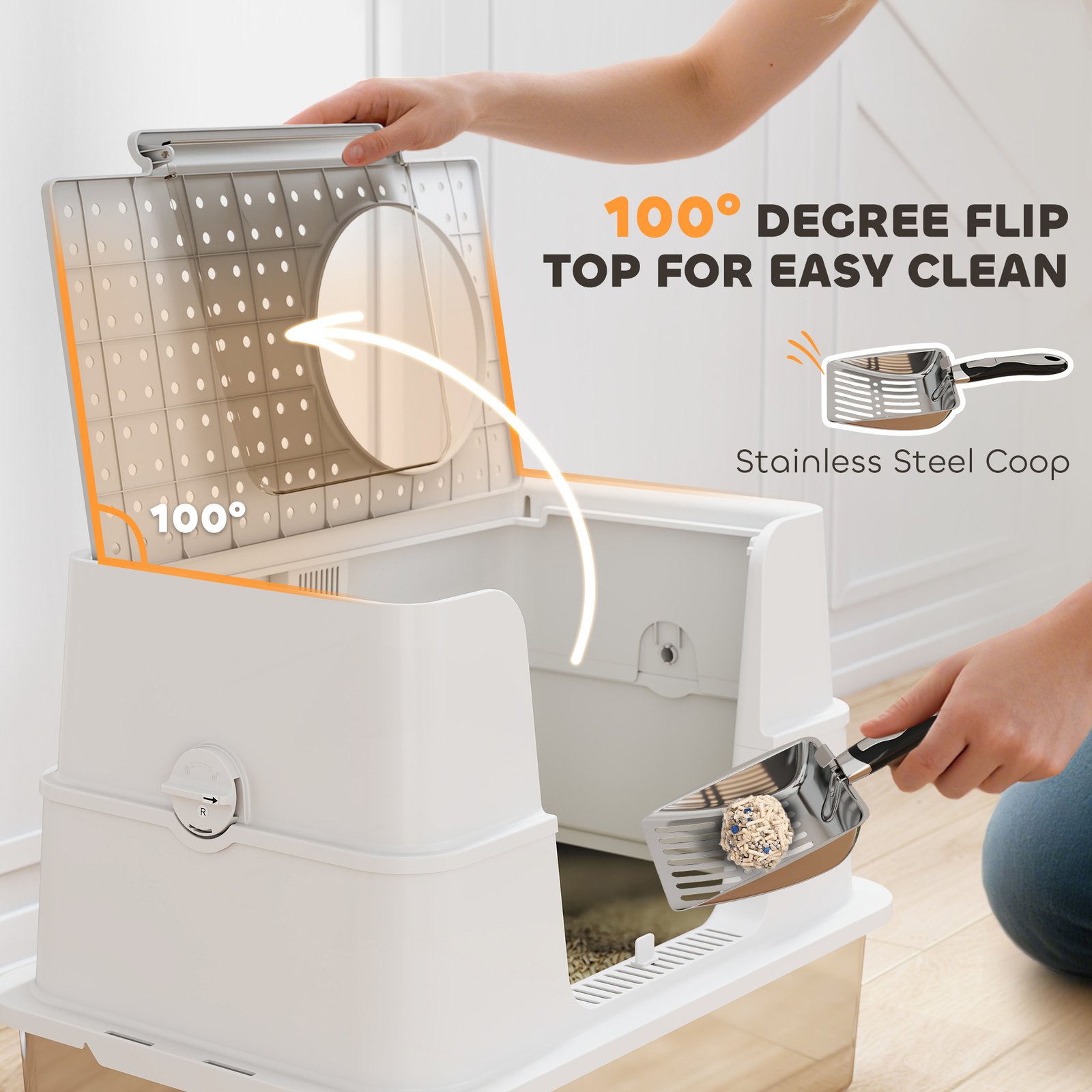 XL Stainless Steel Litter Box w/ 100° Flip Top, Scoop, Side Top Dual Entry, Odor Free, Easy Cleaning, Anti Leakage