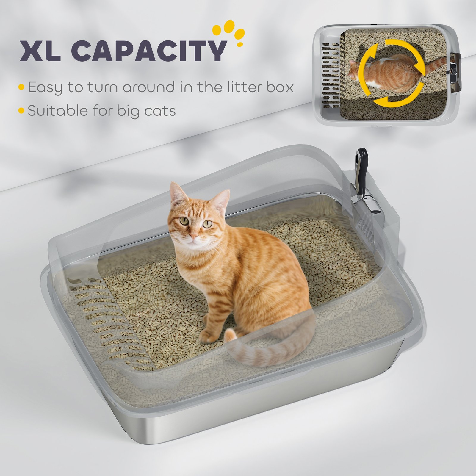 XL Stainless Steel Cat Litter Box with High Sides, Metal Scoop, 60 x 40 x 30 cm