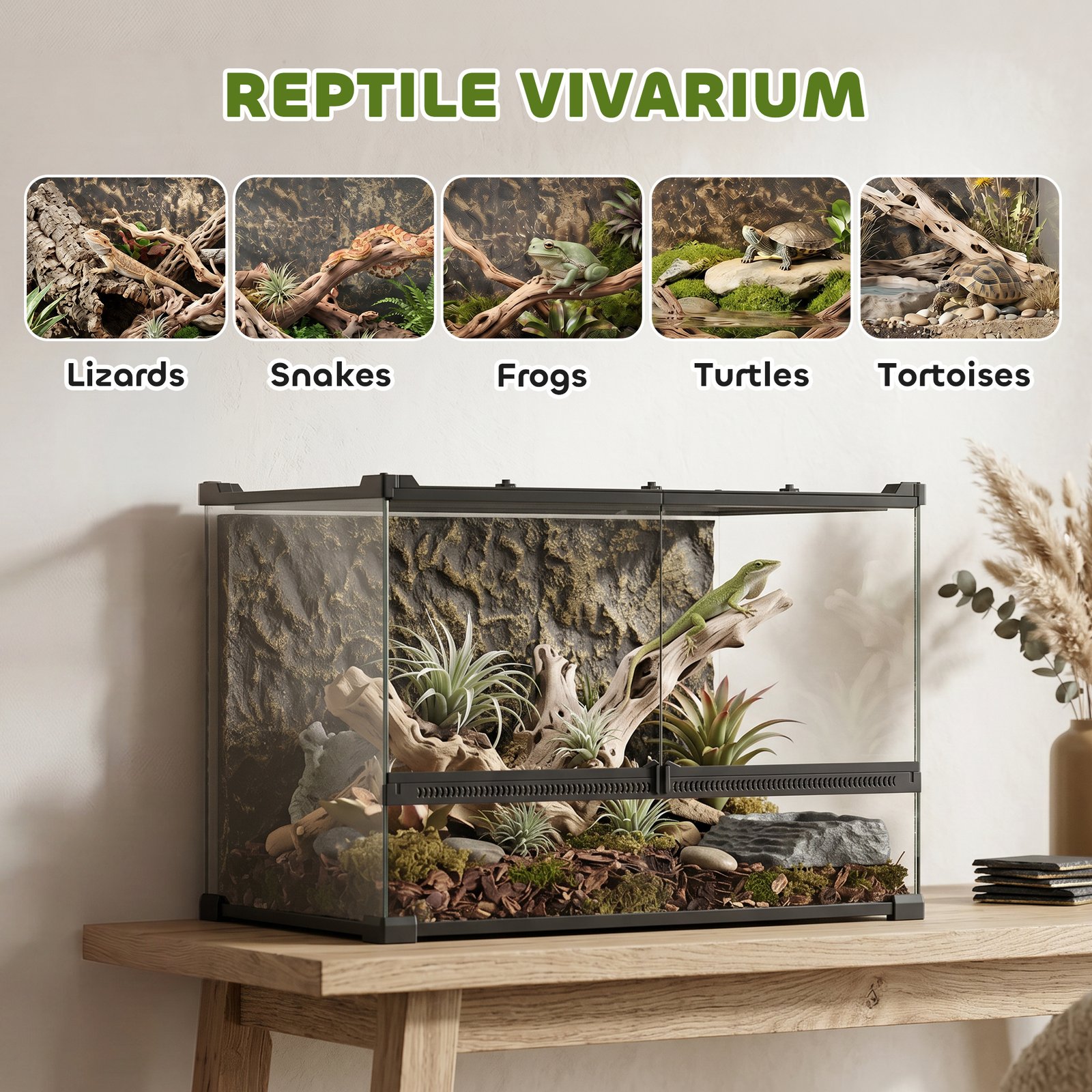 Reptile Glass Terrarium with Stone Background, Front Ventilation, Escape-Proof Knob Lock, 50 x 30 x 35 cm, Black - Image 4