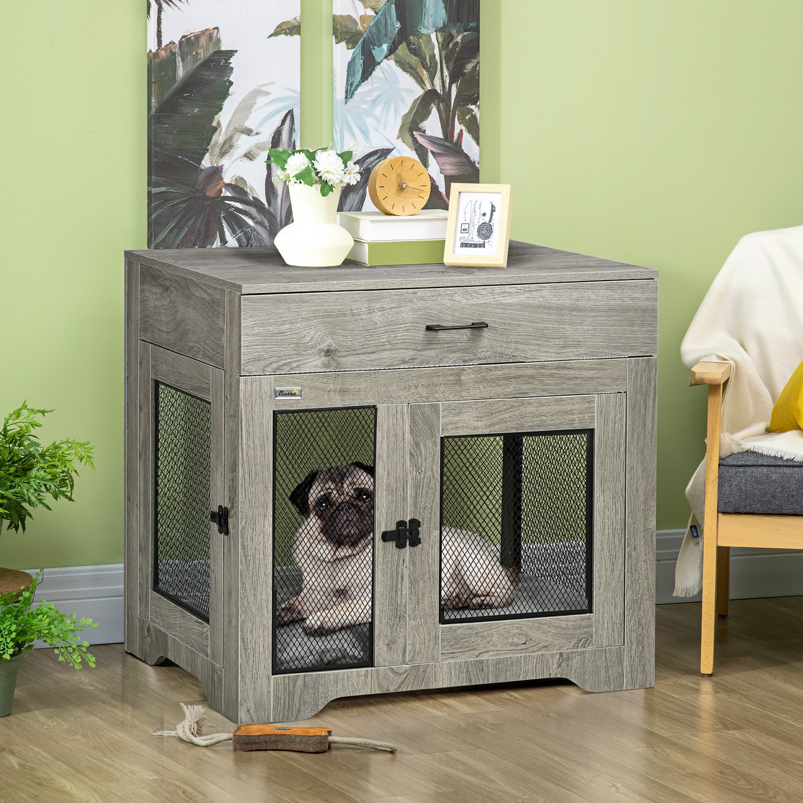 Dog Cage End Table with Two Doors, Drawer, for Medium Dogs - Grey - Image 9