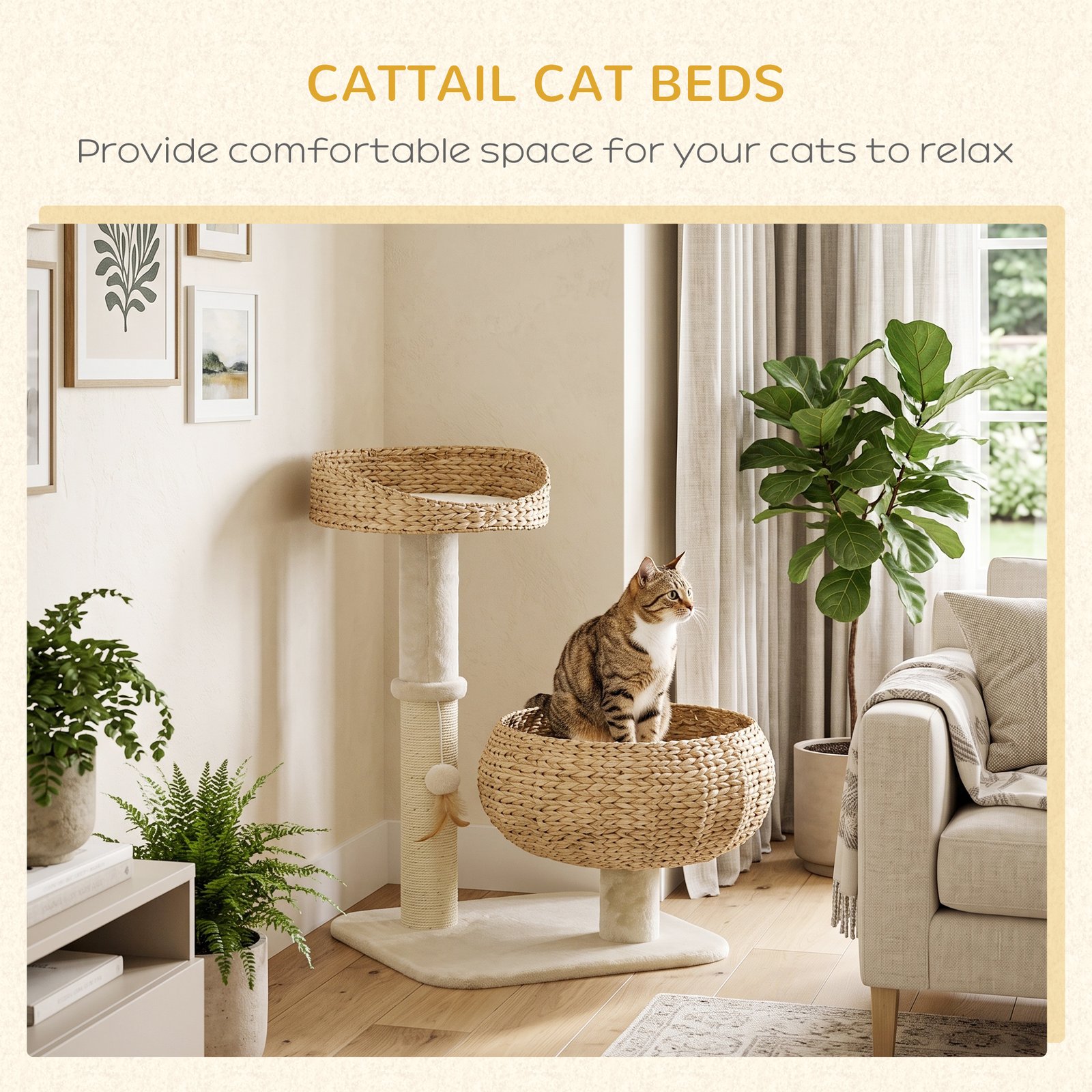 72cm Cat Tree Kitten Tower, with Sisal Scratching Post, Two Beds, Toy Ball