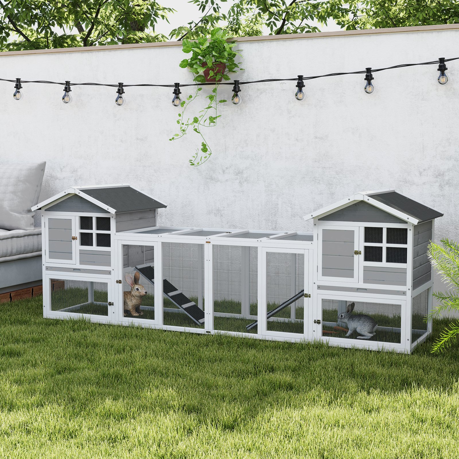 2 in 1 Rabbit Hutch Outdoor Guinea Pig Hutch Bunny Run Double Main House with Run, No-Leak Tray 259 x 64 x 92cm, Grey - Image 3