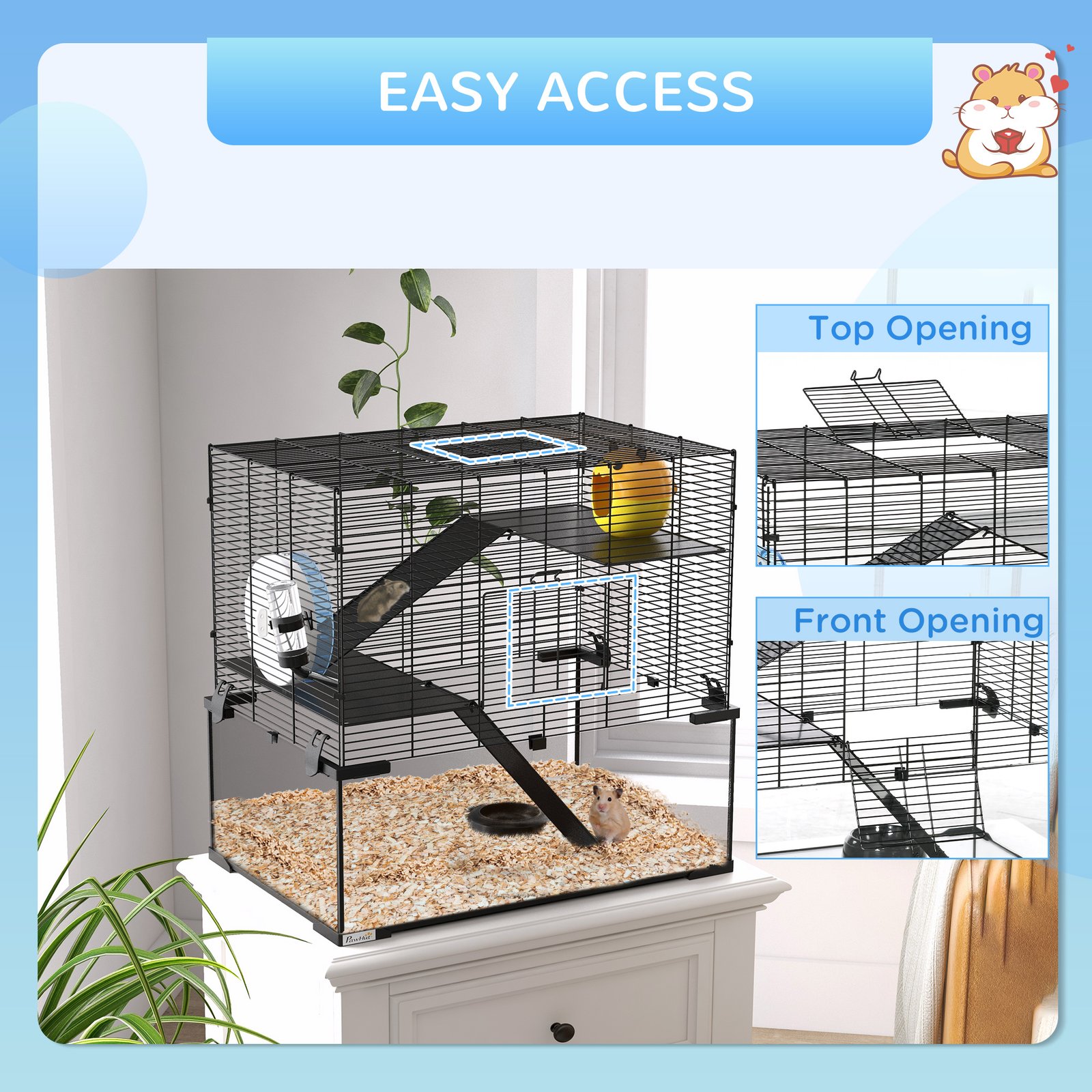 3 Tiers Hamster Cage, Gerbil Cage with Deep Glass Bottom, Non-Slip Ramps, Platforms, Hut, Exercise Wheels, Water Bottle, Dish, for Syrian Hamster, Dwarf Hamster, 60 x 40 x 54.5cm - Image 7