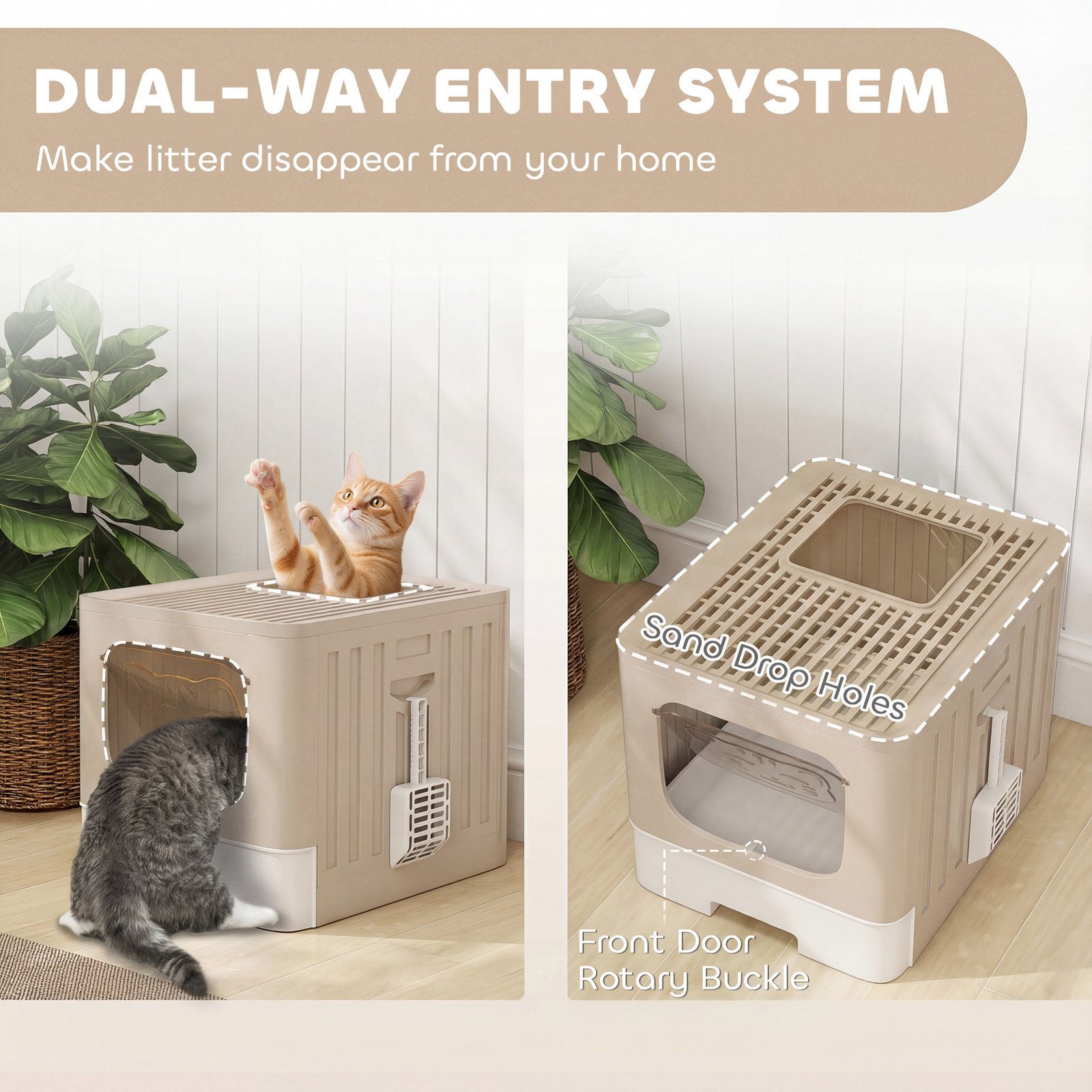 Cat Litter Box with Lid, Slide-Out Drawer, Scoop, Easy Clean, Odour Control, Anti-Splashing, Khaki
