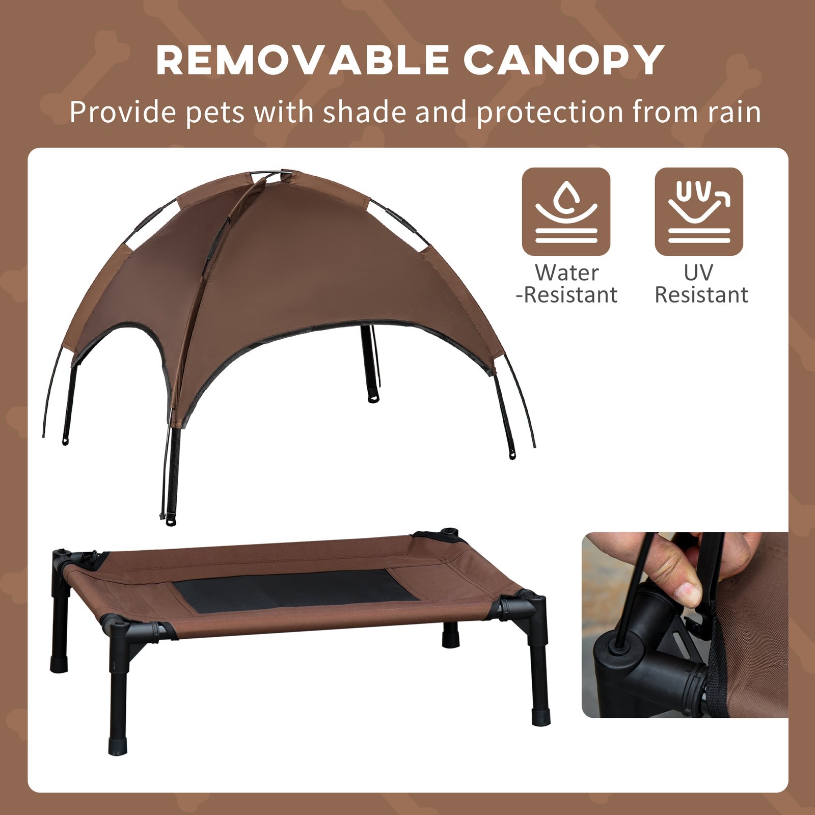 Outdoor Dog Bed with Removable Canopy, Portable Raised Dog Bed for Camping, Garden & Beach, Water-Resistant UV-Protection Mesh Pet Cot Sun Lounger, for Medium Pets, 76 x 61 x 73 cm, Brown - Image 6