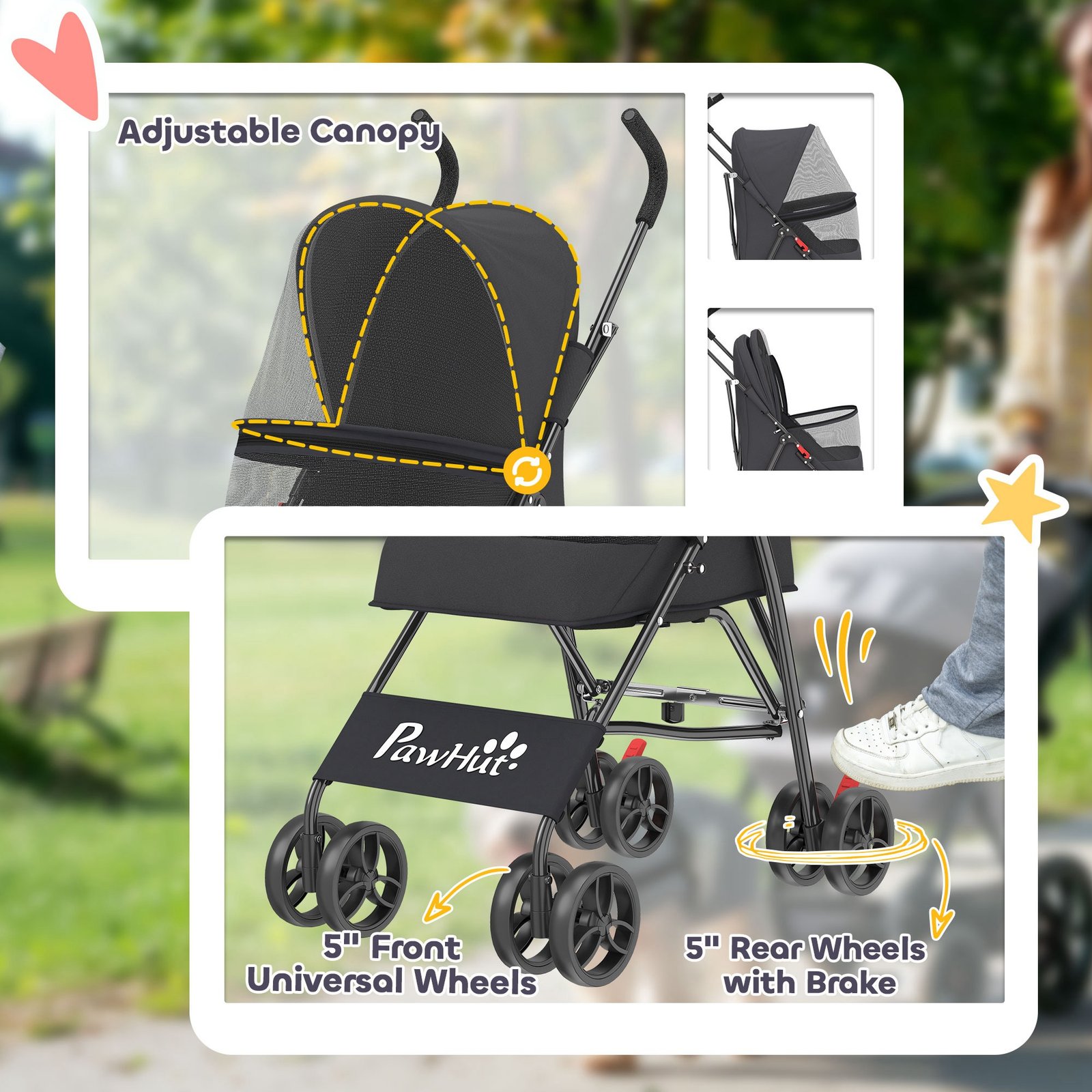 Dog Stroller, Foldable Cat Dog Pram for Miniature Breeds, Pet Stroller with Brake, Mesh Windows, Black