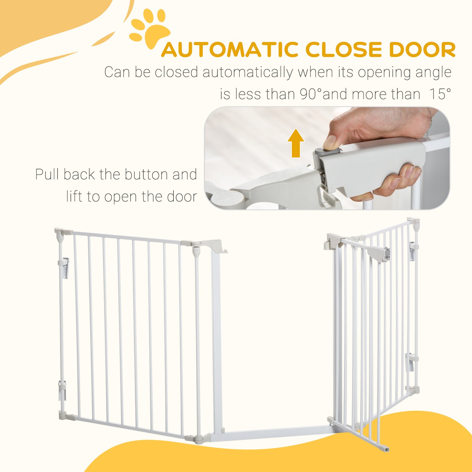 Pet Safety Gate, 3 Panels Playpen Fireplace, Foldable Metal Fence, Stair Barrier, Room Divider, Fire Guard w/ Automatic Closing Door, White - Image 6