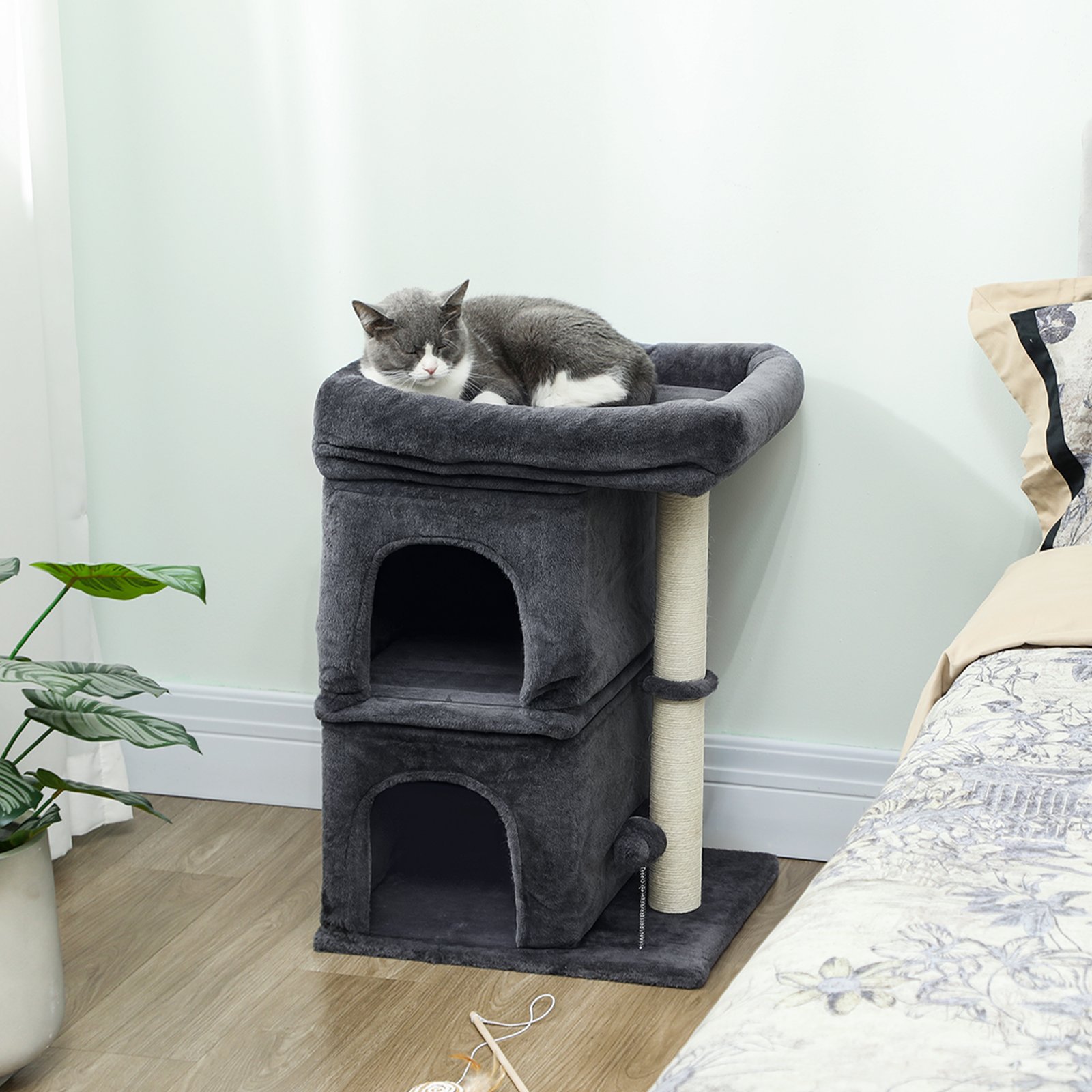 66 cm Small Cat Tree for Large Cats, Cat Tower w/ Large Top Perch, 2 Condos, Sisal Scratching Post, Toy Ball, Dark Grey