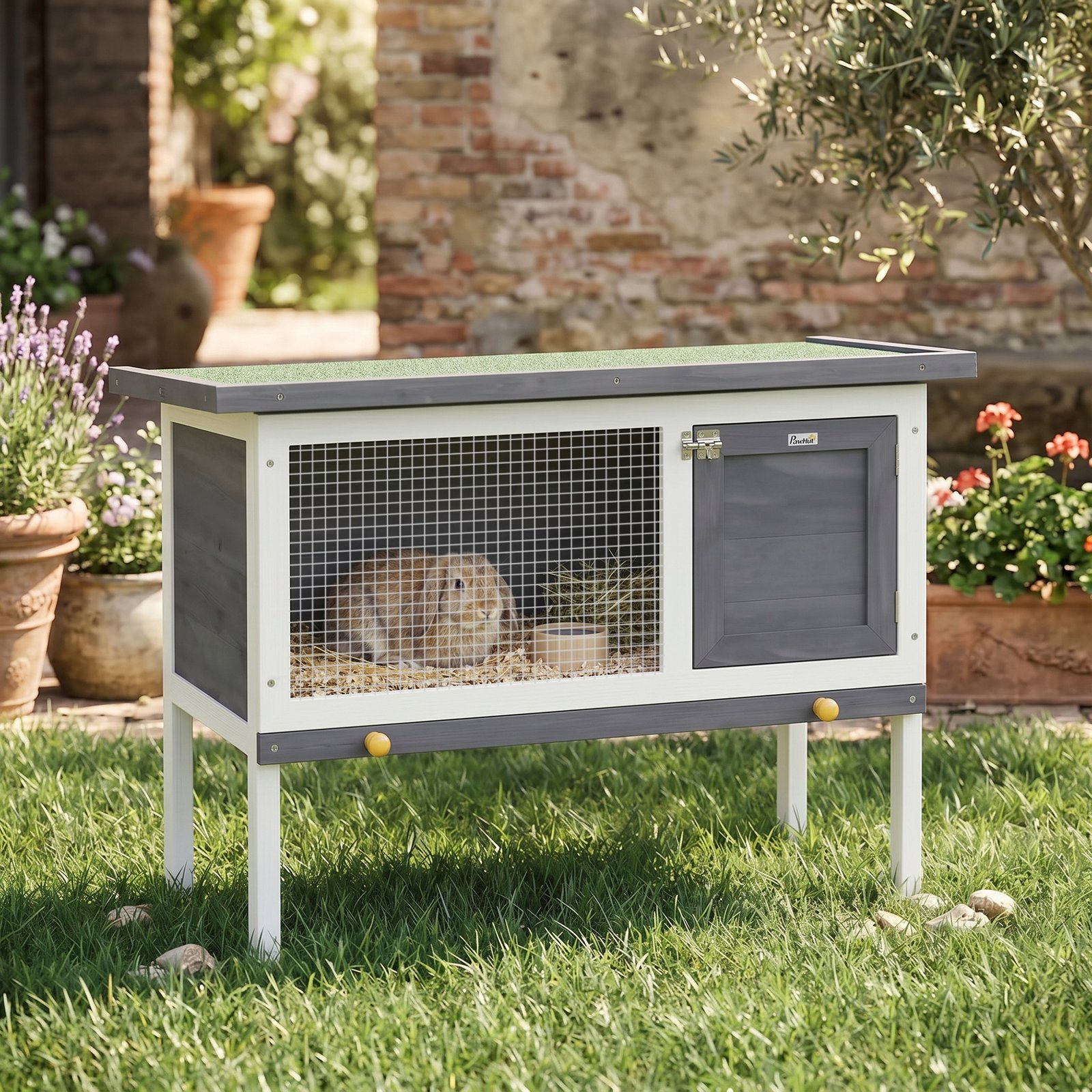 Wooden Rabbit Hutch, Guinea Pig Hutch with Asphalt Roof, Outdoor Elevated Bunny House for Rabbits, Chinchillas