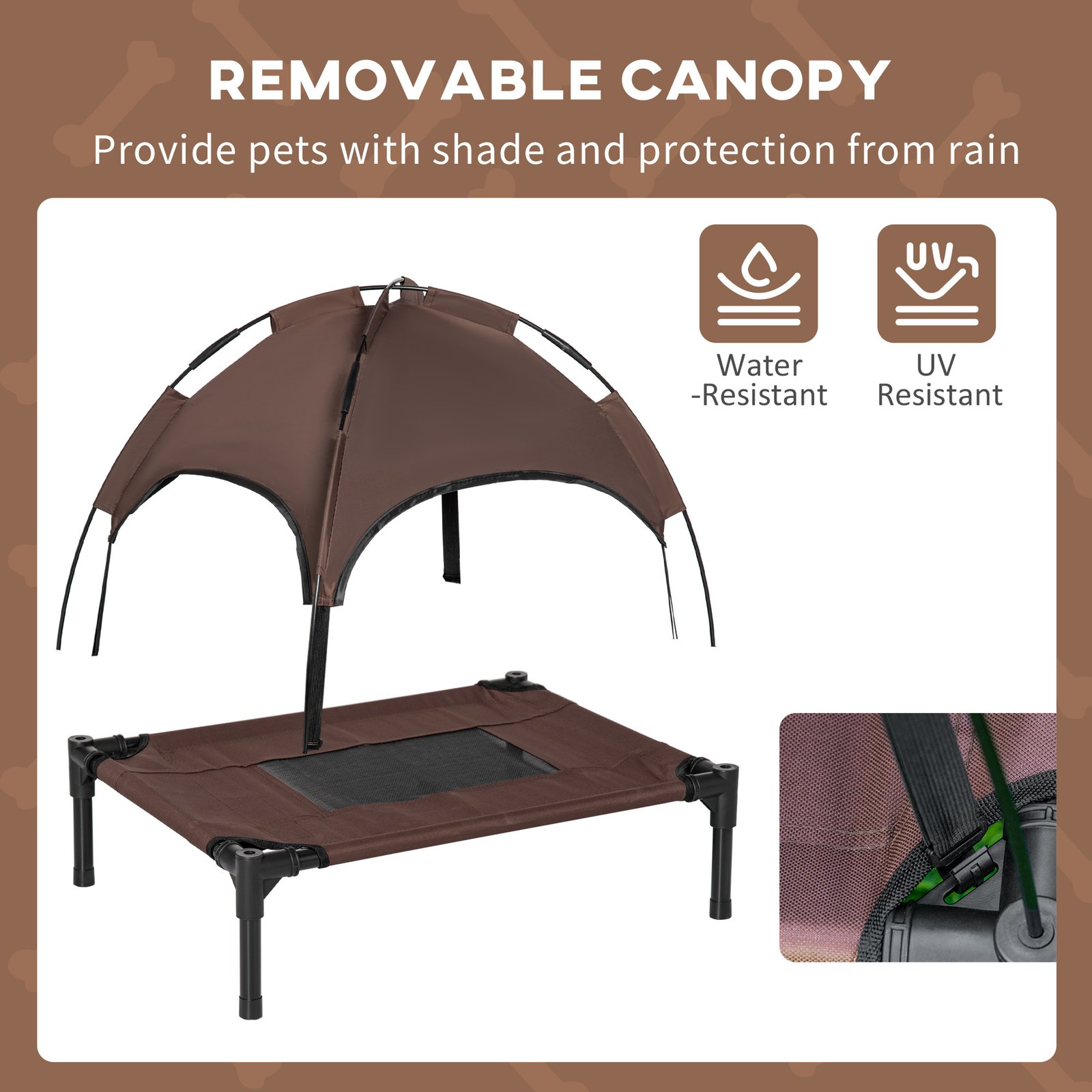 Outdoor Dog Bed with Removable Canopy, Portable Raised Dog Bed for Camping, Garden & Beach, Water-Resistant UV-Protection Mesh Pet Cot Sun Lounger, for Small Pets, 61 x 46 x 62 cm, Brown