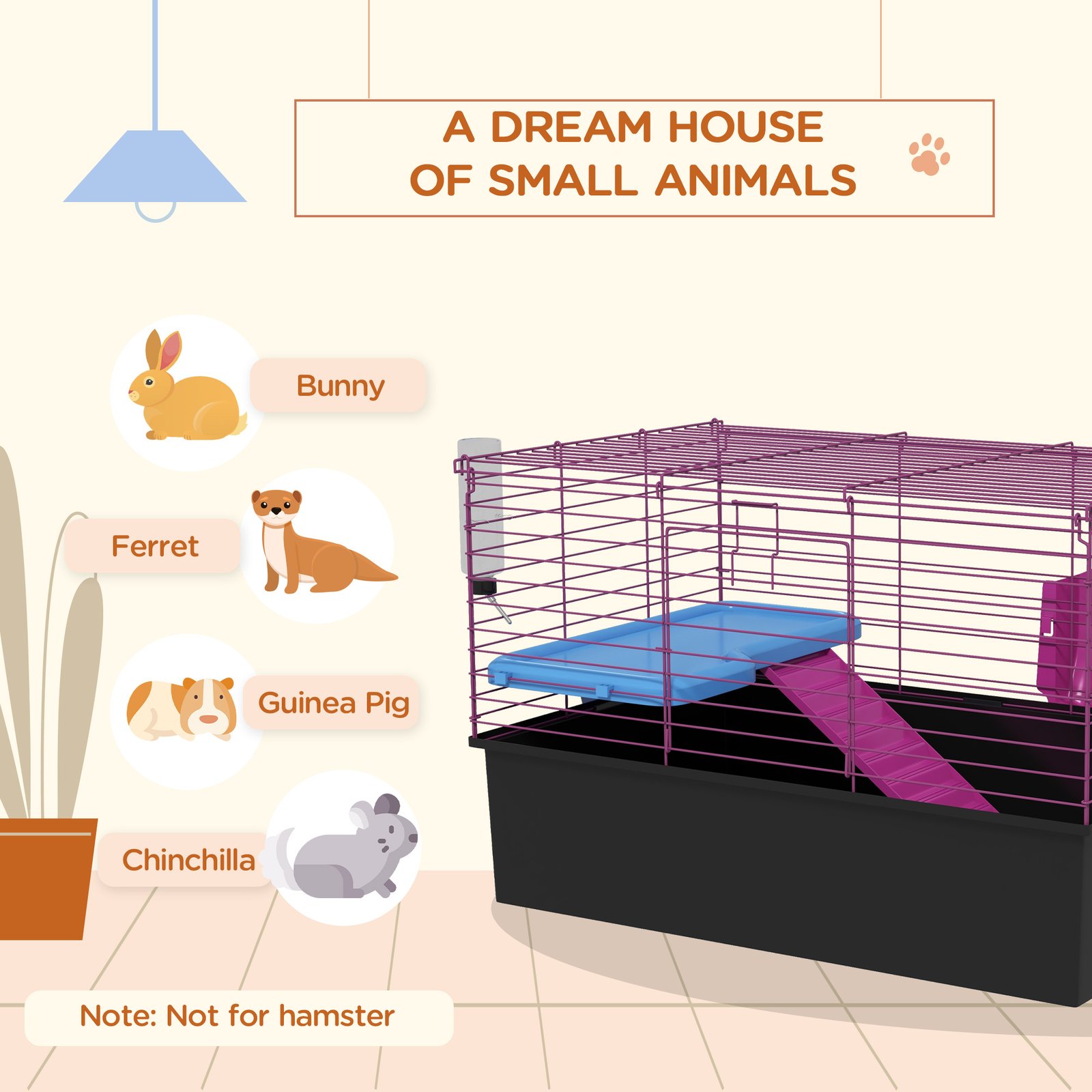 Chinchillas Small Rabbit Guinea Pig Small Animal Cage, Pet Playhouse, with Platform, Ramp, 71 x 46 x 47cm