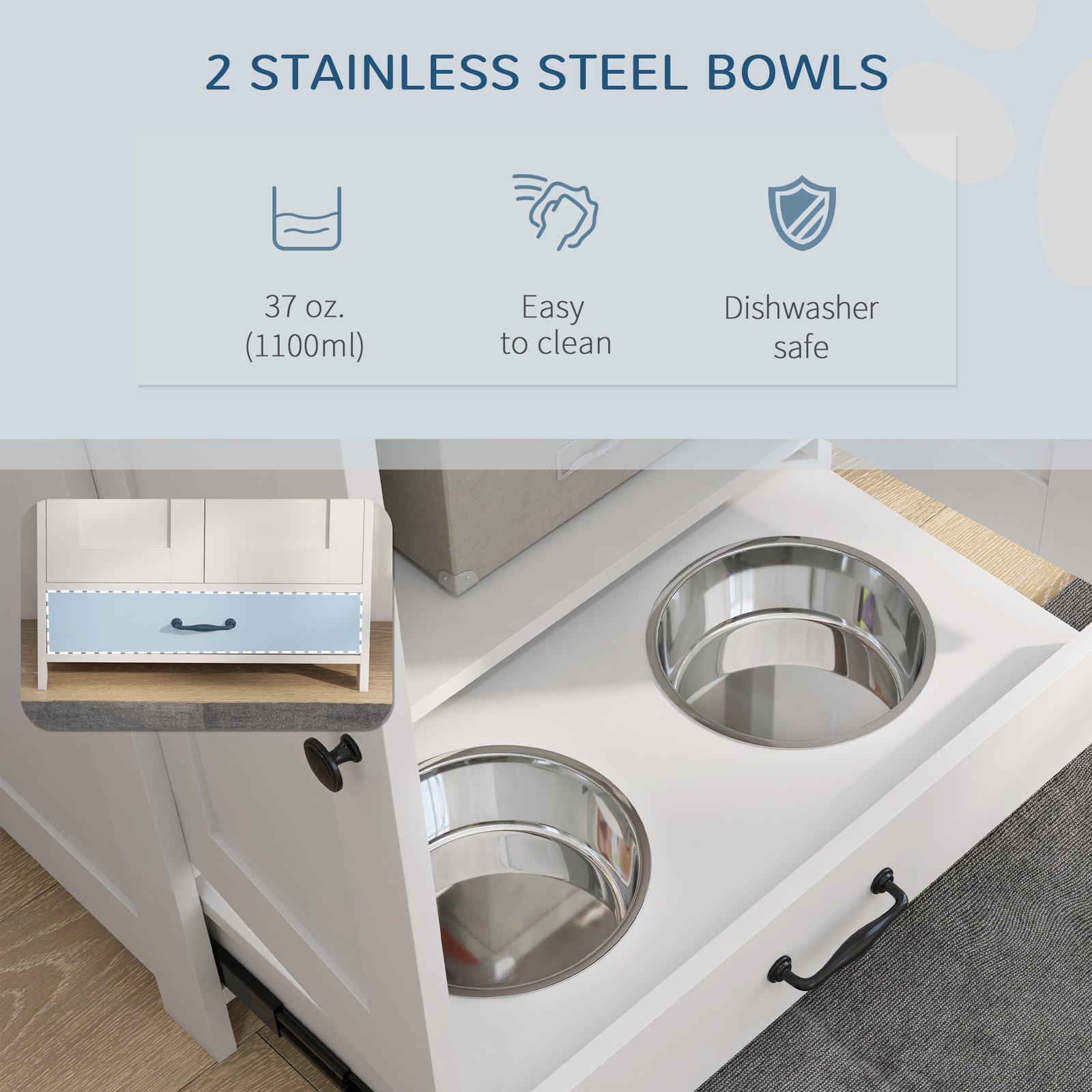 Pet Feeding Station with Raised Dog Bowls, Adjustable Panel, Hooks, White - Image 6
