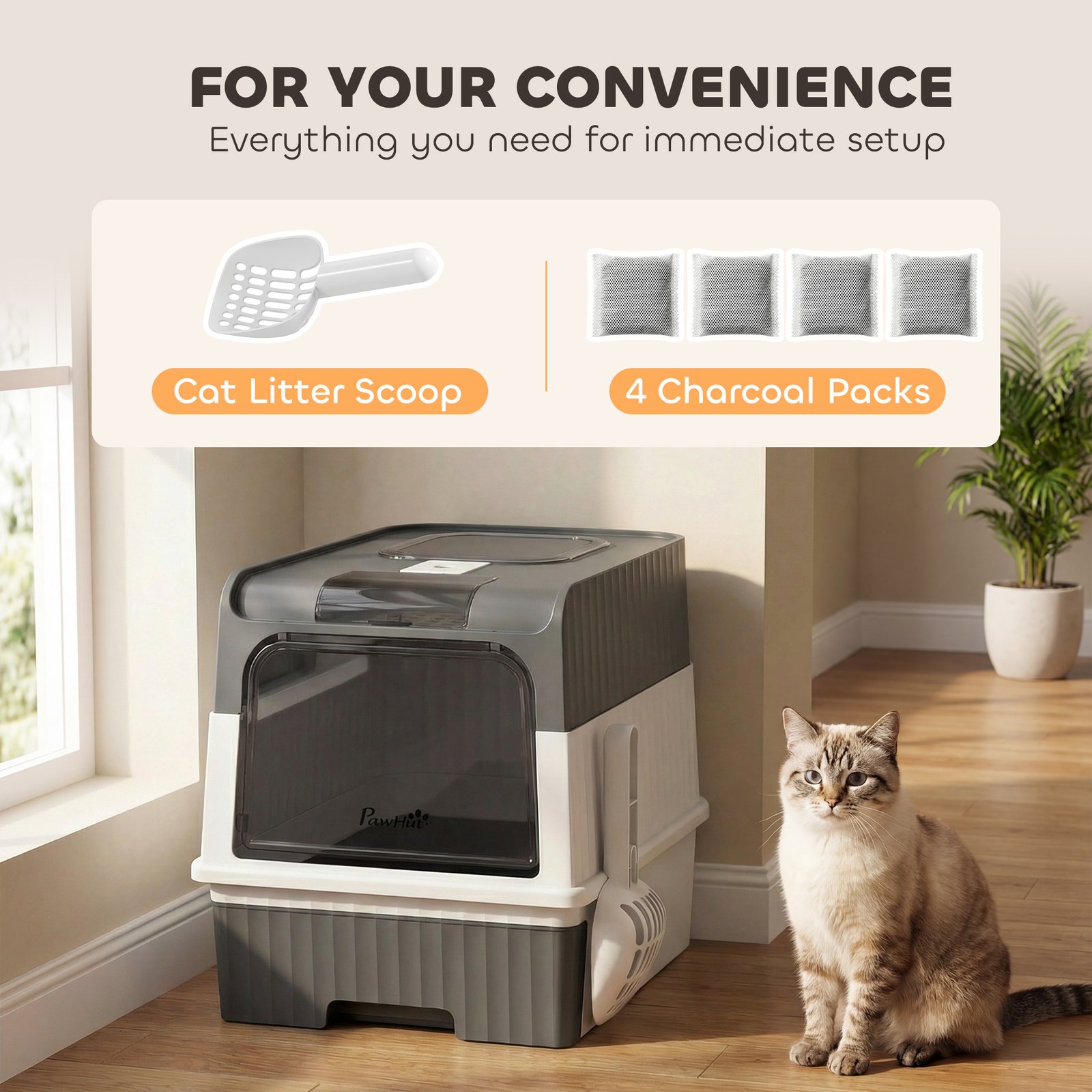 Enclosed Cat Litter Box with Lid, Pull-Out Drawer Tray, Scoop, 4 Deodorisation Bags, Front Entry & Top Exit, Grey