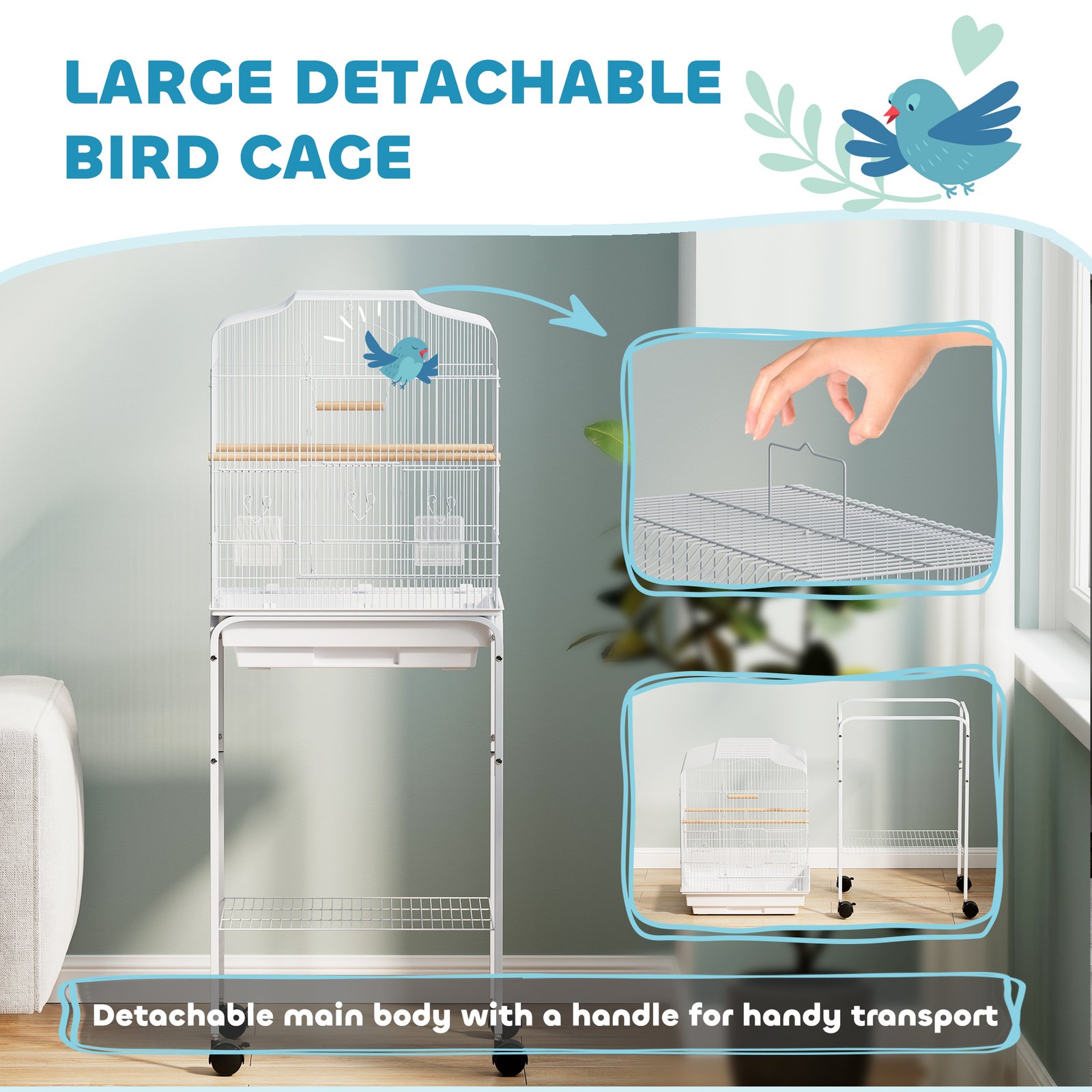 Bird Cage Budgie Cages for Finch Canary Parakeet with Stand Wheels Slide-out Tray Accessories Storage Shelf, White