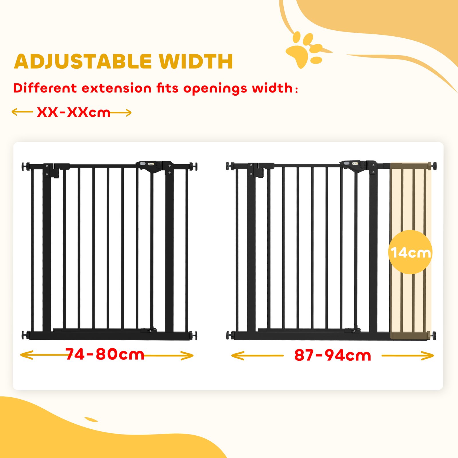 Adjustable Safety Gate w/ One Extensions, Four Adjustable Screws, Black