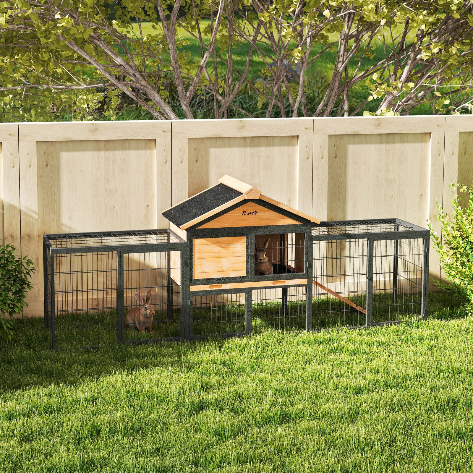 Wooden Rabbit Hutch Outdoor with Steel Run, Wooden Guinea Pig Cage with Removable Plastic Tray, Asphalt Roof, Ramp - Image 9